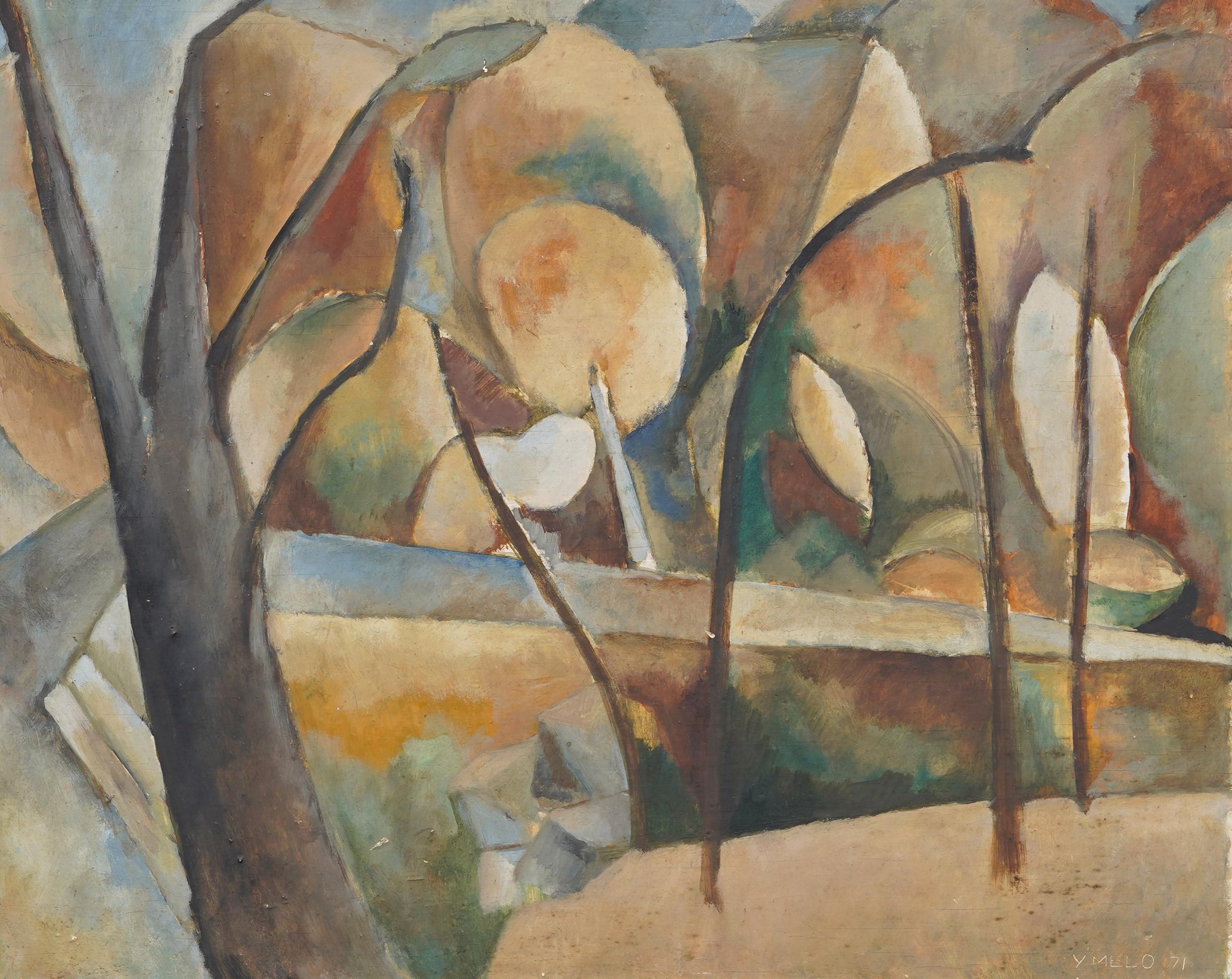 Este paisaje al óleo sobre tabla de 1971 de Y. Melo presenta una escena natural abstraída ejecutada en un refinado estilo cubista. La composición aplana y segmenta una vista de ladera en planos entrelazados de tonos tierra y azules suaves, creando