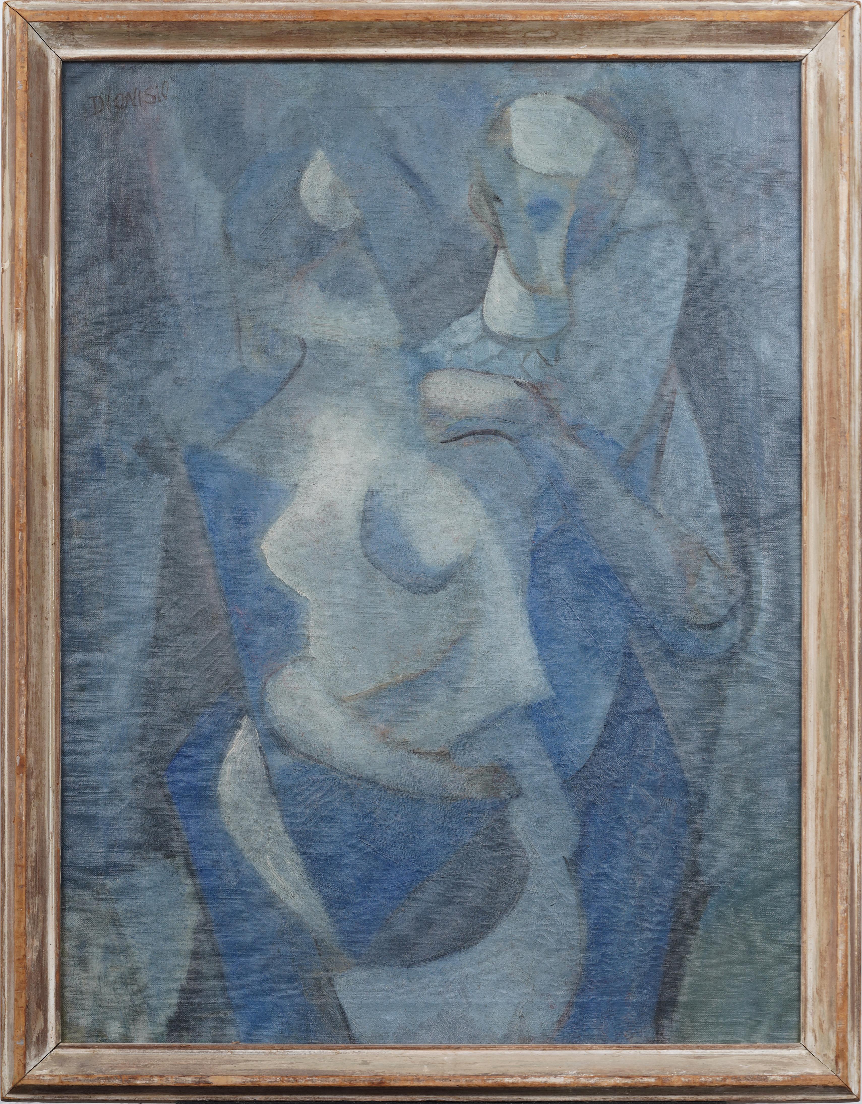 Antique American Cubist Nude Dancing Portrait Framed Signed Large Oil Painting - Gray Nude Painting by Unknown