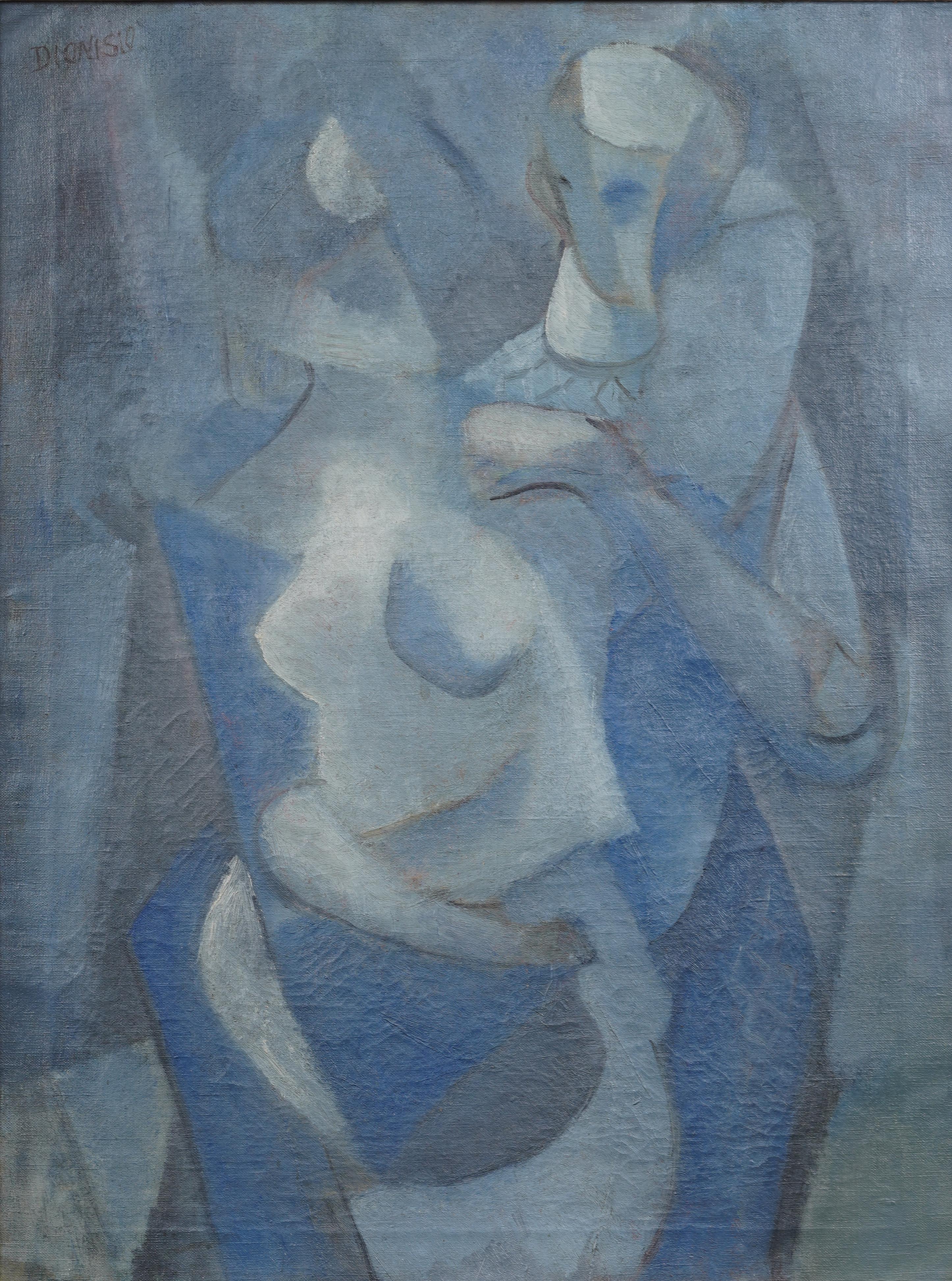 Antique American cubist nude woman dancing/erotic painting.  Oil on canvas.  Signed. In excellent original condition.  Handsomely framed in a period modernist  silver leaf rubbed molding.  Excellent condition, ready to hang and enjoy. 