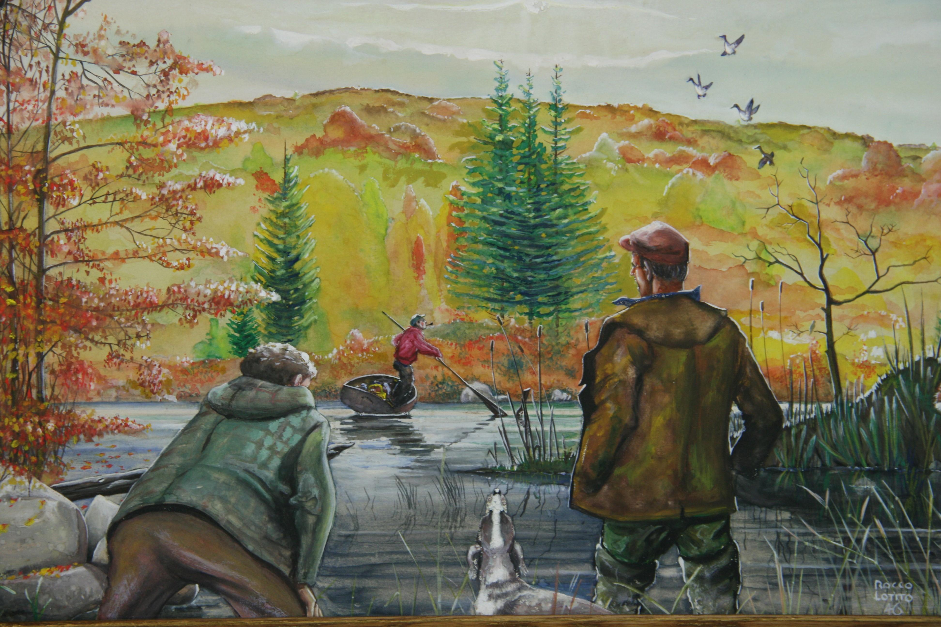 Antique American Duck Hunt Painting 1946 For Sale 7