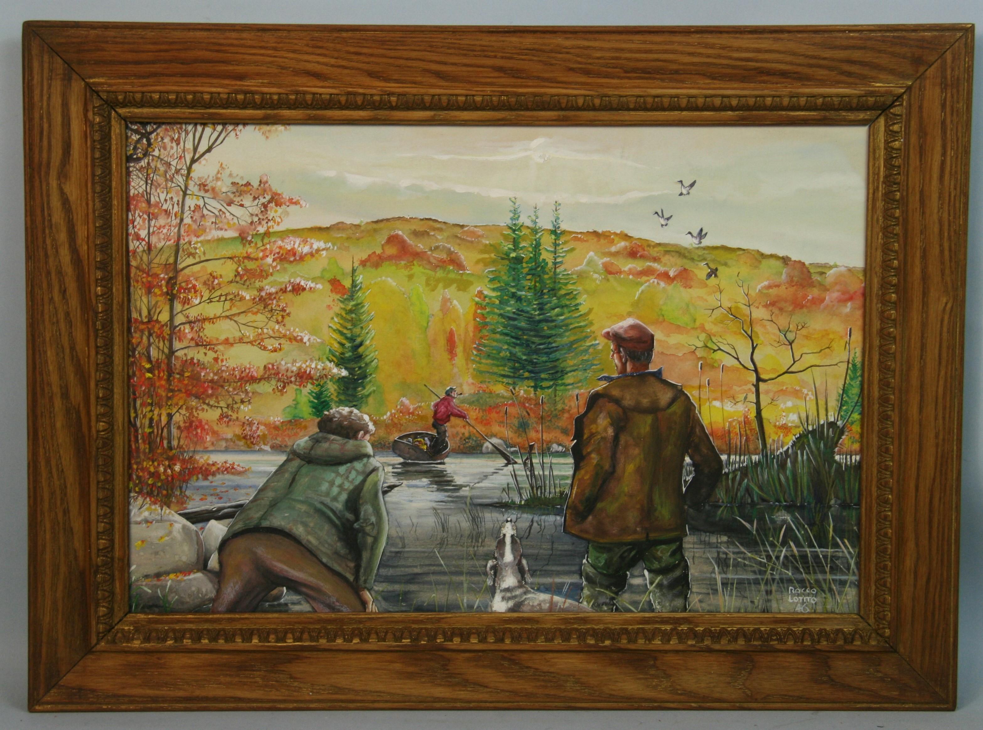 Landscape Painting Unknown - Peinture américaine ancienne de chasse à canards 1946