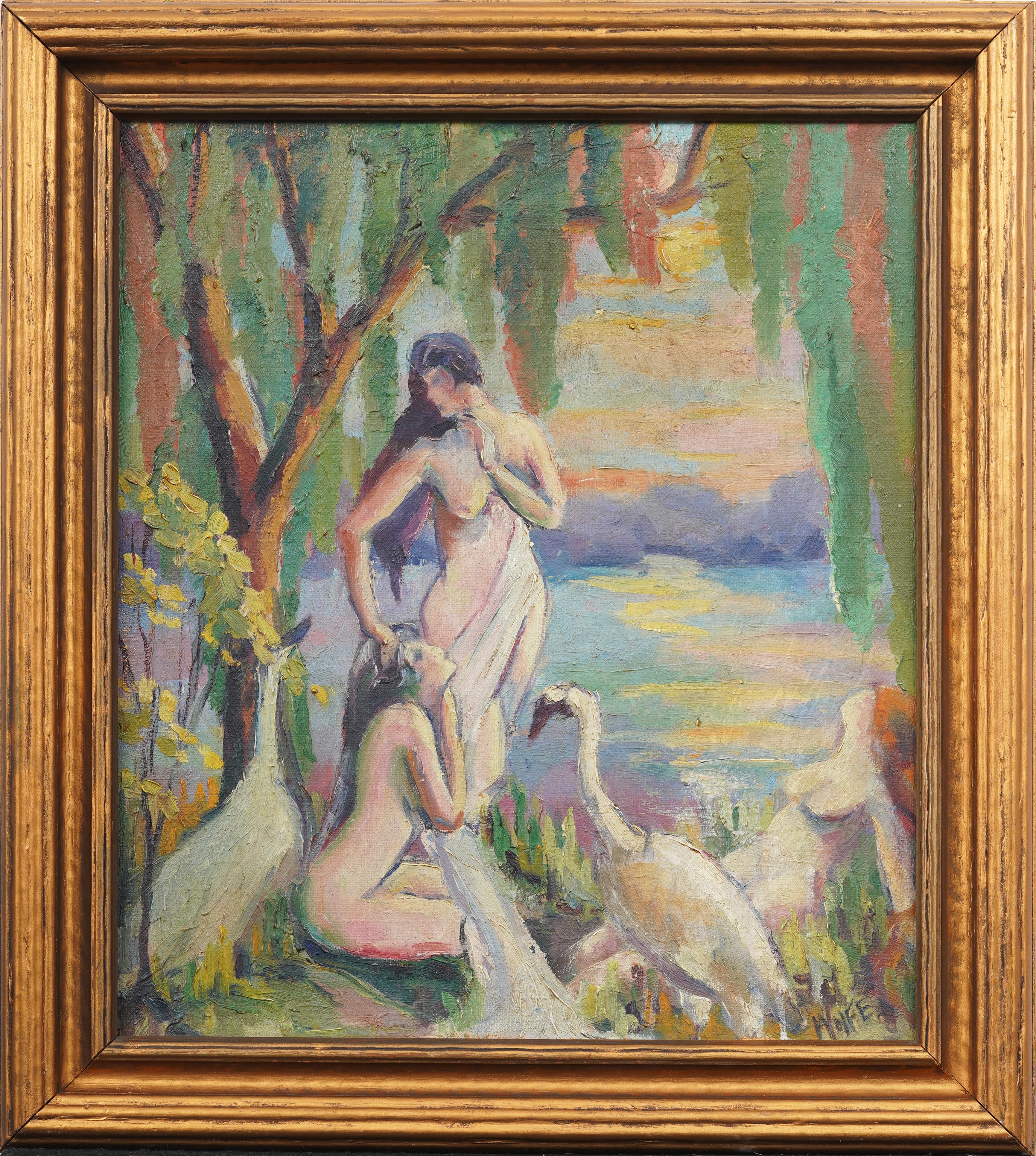 Antique American Early 1900s Nude Women & Swans Deco River Landscape Painting For Sale 1