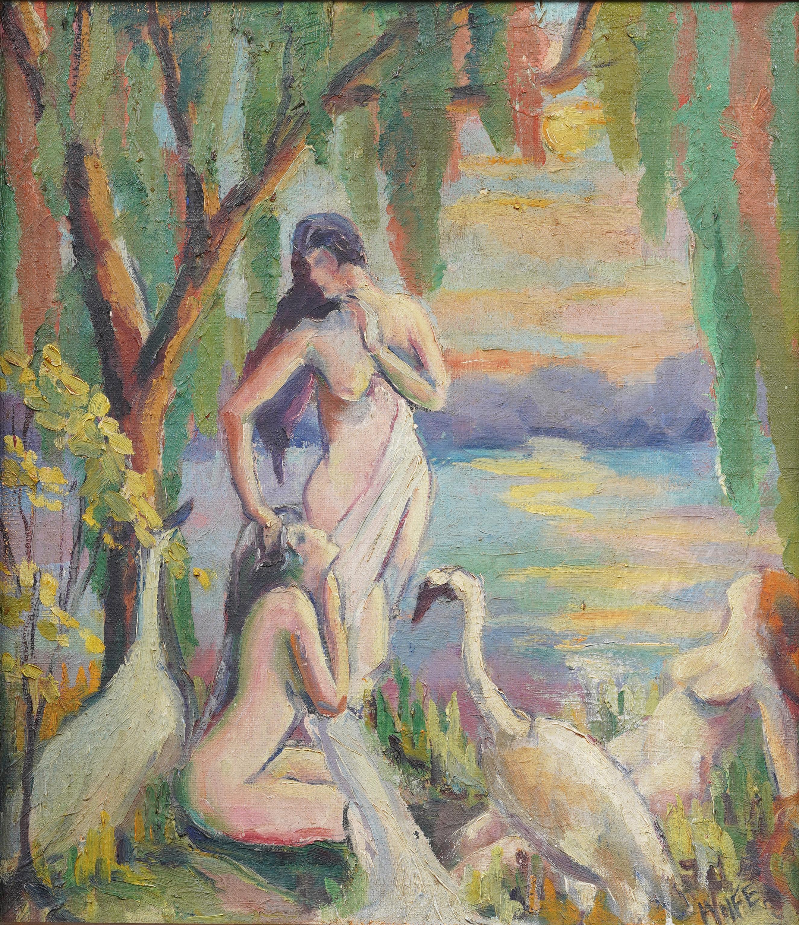 Antique American Early 1900s Nude Women & Swans Deco River Landscape Painting For Sale 2