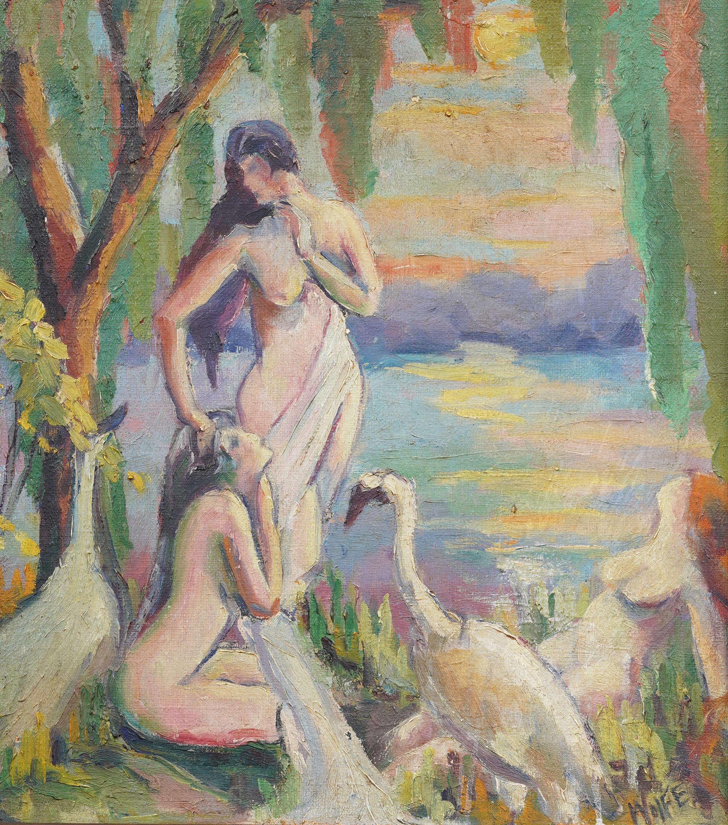 Antique American Early 1900s Nude Women & Swans Deco River Landscape Painting For Sale 3