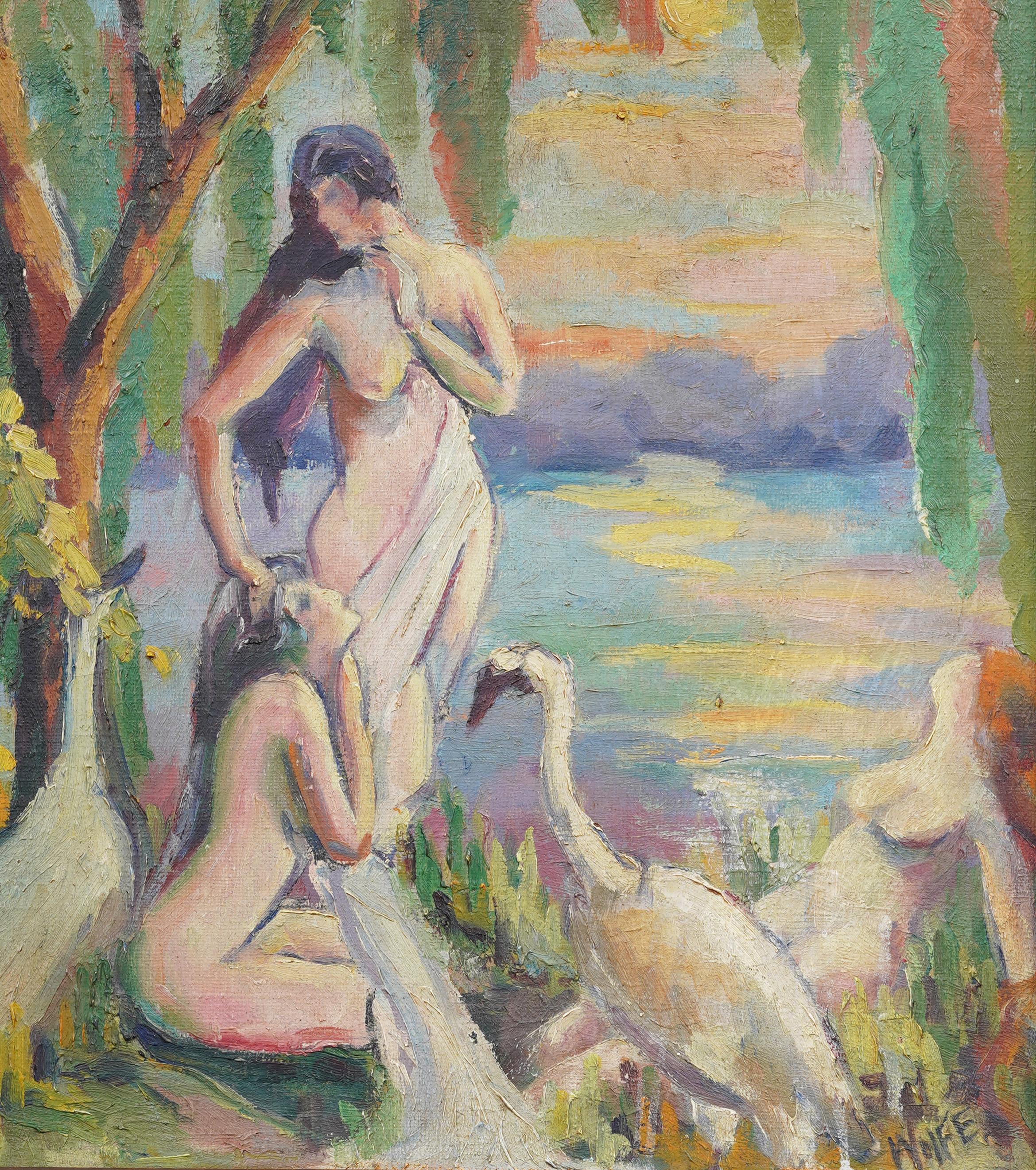 Antique American Early 1900s Nude Women & Swans Deco River Landscape Painting For Sale 4