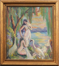 Antique American Early 1900s Nude Women & Swans Deco River Landscape Painting
