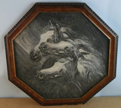 Antiguo Ecuestre Americano   Pintura al óleo de animales "Tres caballos salvajes"  1920