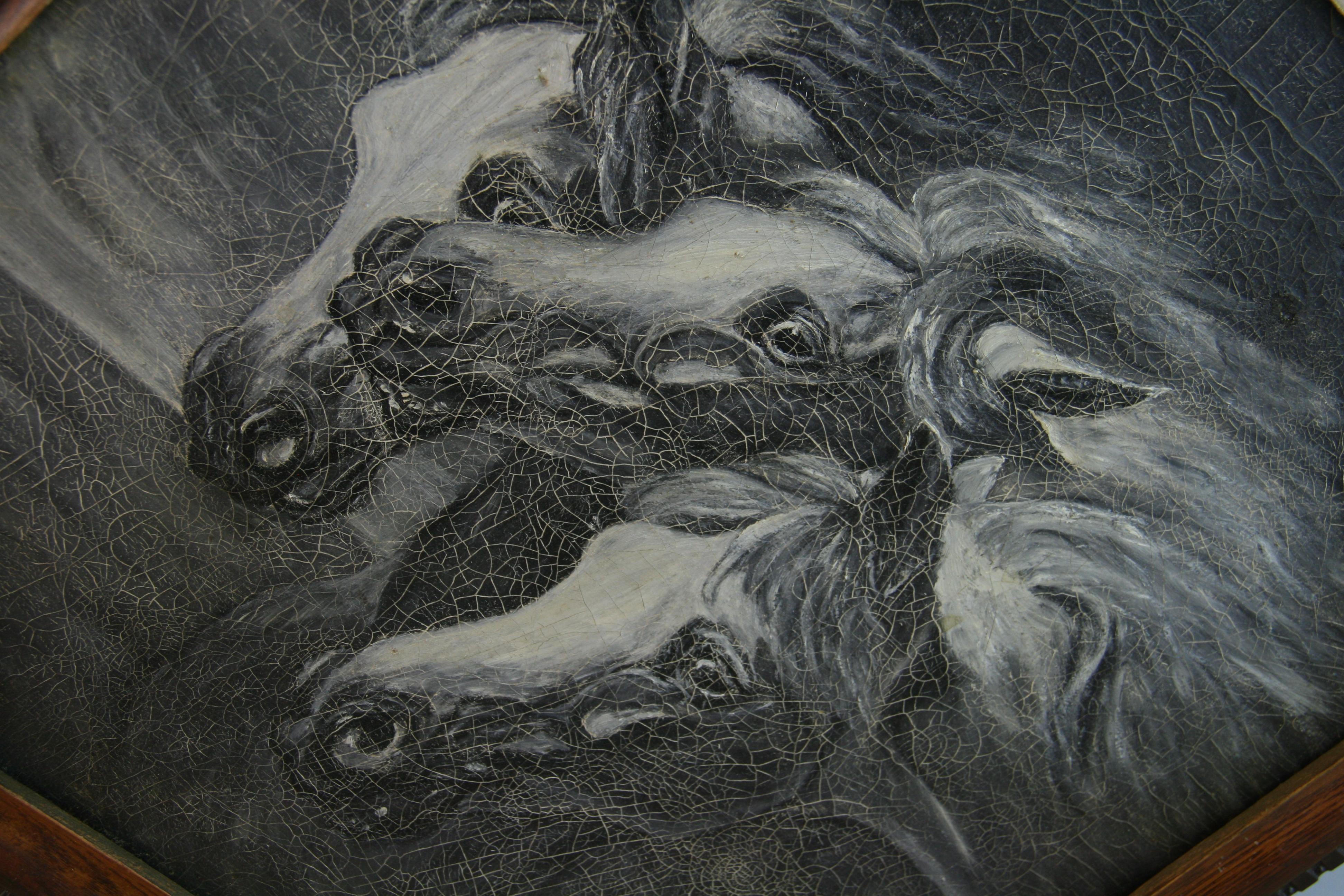 Équestre américain ancien   Peinture à l'huile « Trois chevaux sauvages »  1920 en vente 3