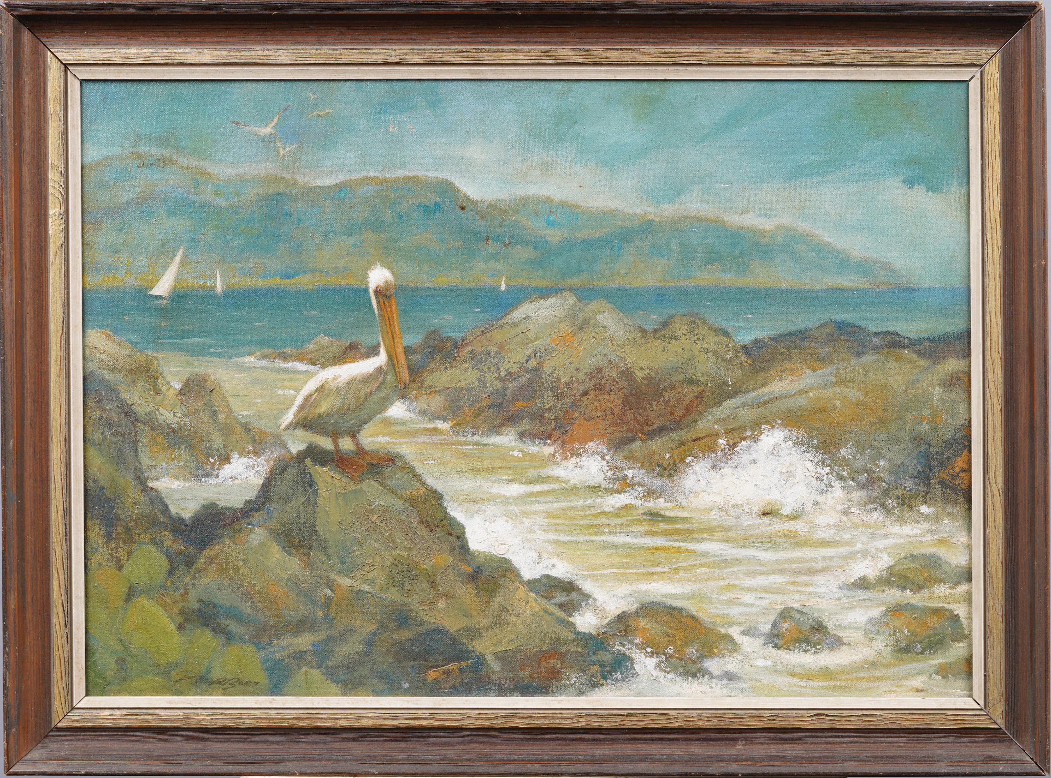 Antique American Exhibited Impressionist Seascape with Pelican Framed Painting - Gray Landscape Painting by Unknown