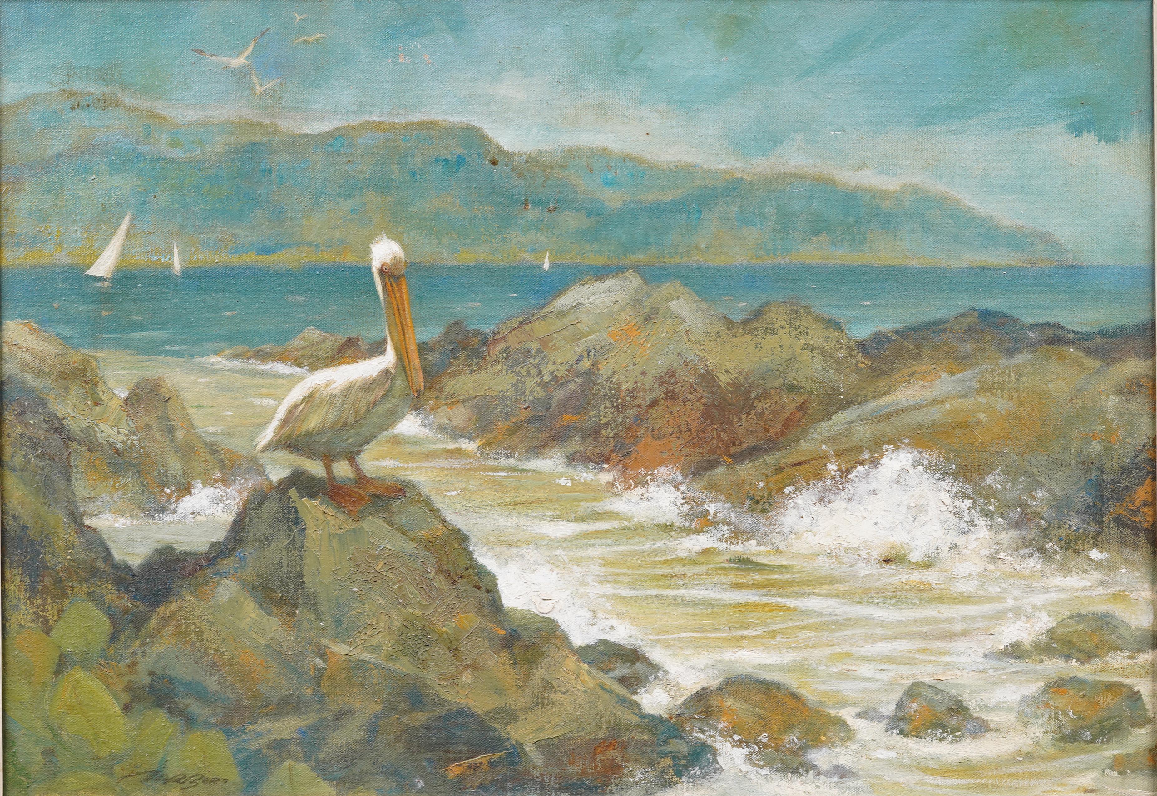 Very finely painted and impressive mid 20th century impressionist seascape with a pelican.  Exhibition label verso.  Framed.  