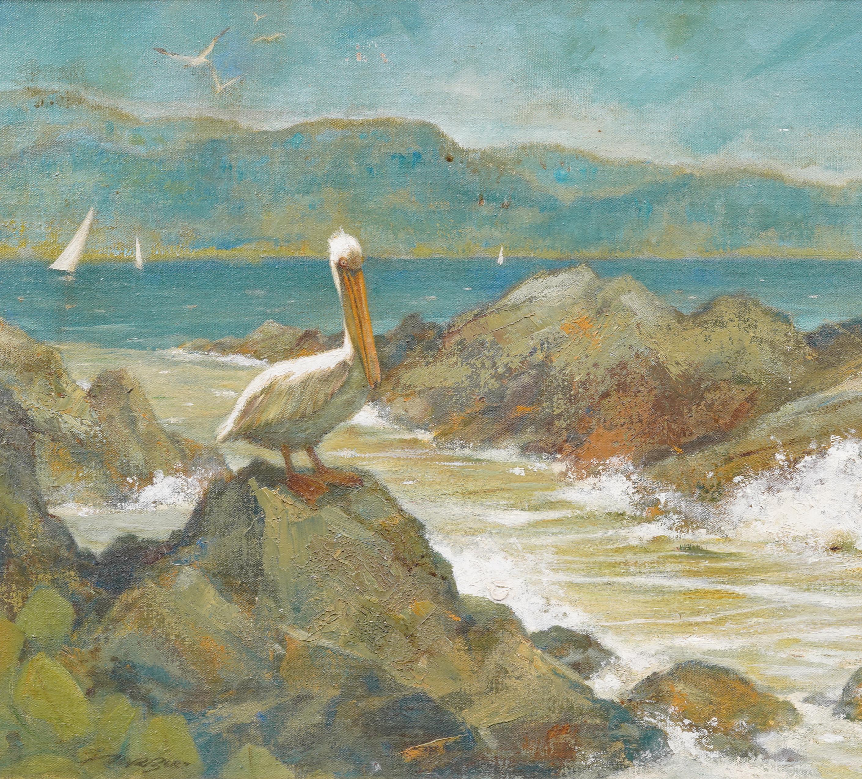 Antique American Exhibited Impressionist Seascape with Pelican Framed Painting For Sale 1