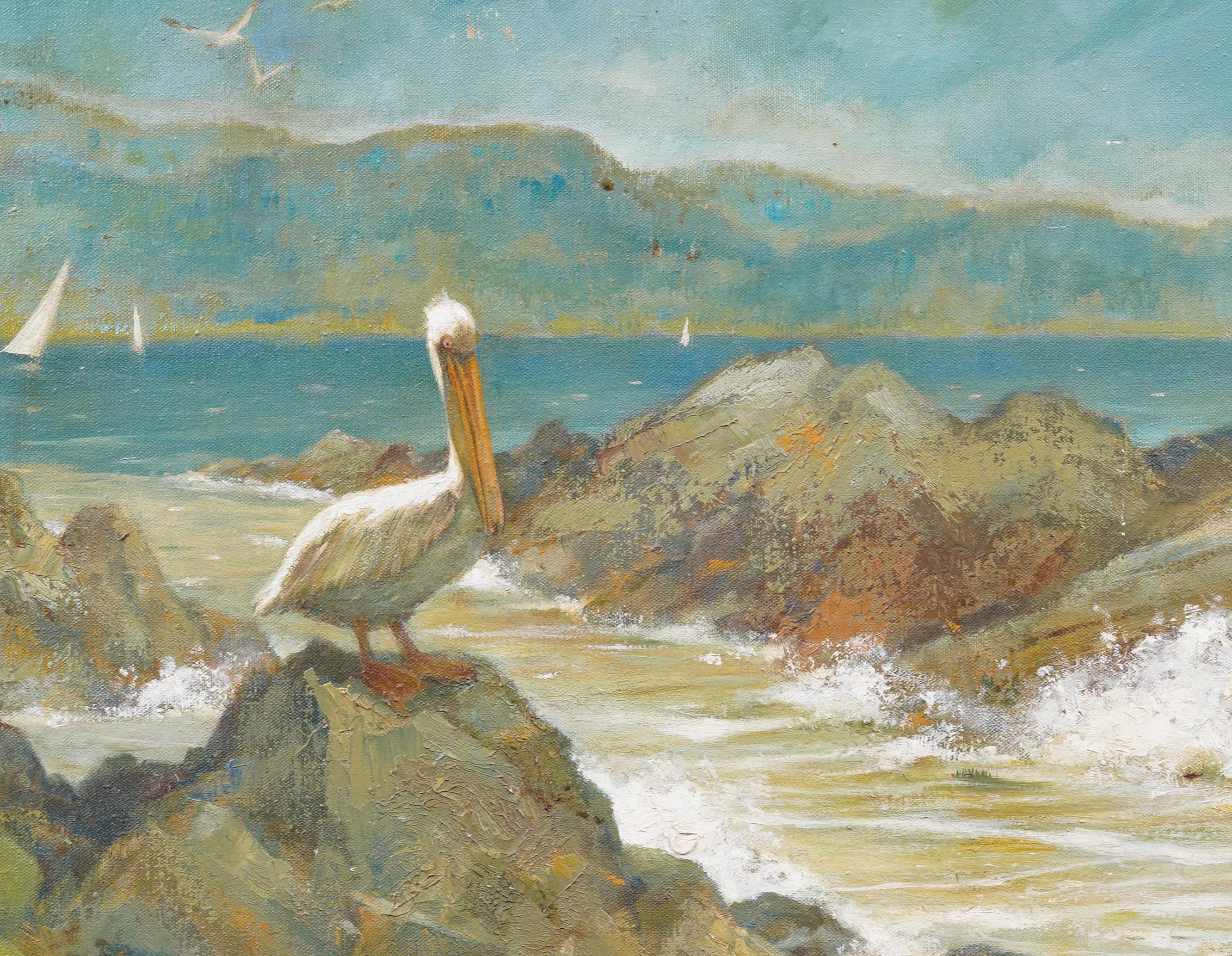 Antique American Exhibited Impressionist Seascape with Pelican Framed Painting For Sale 2