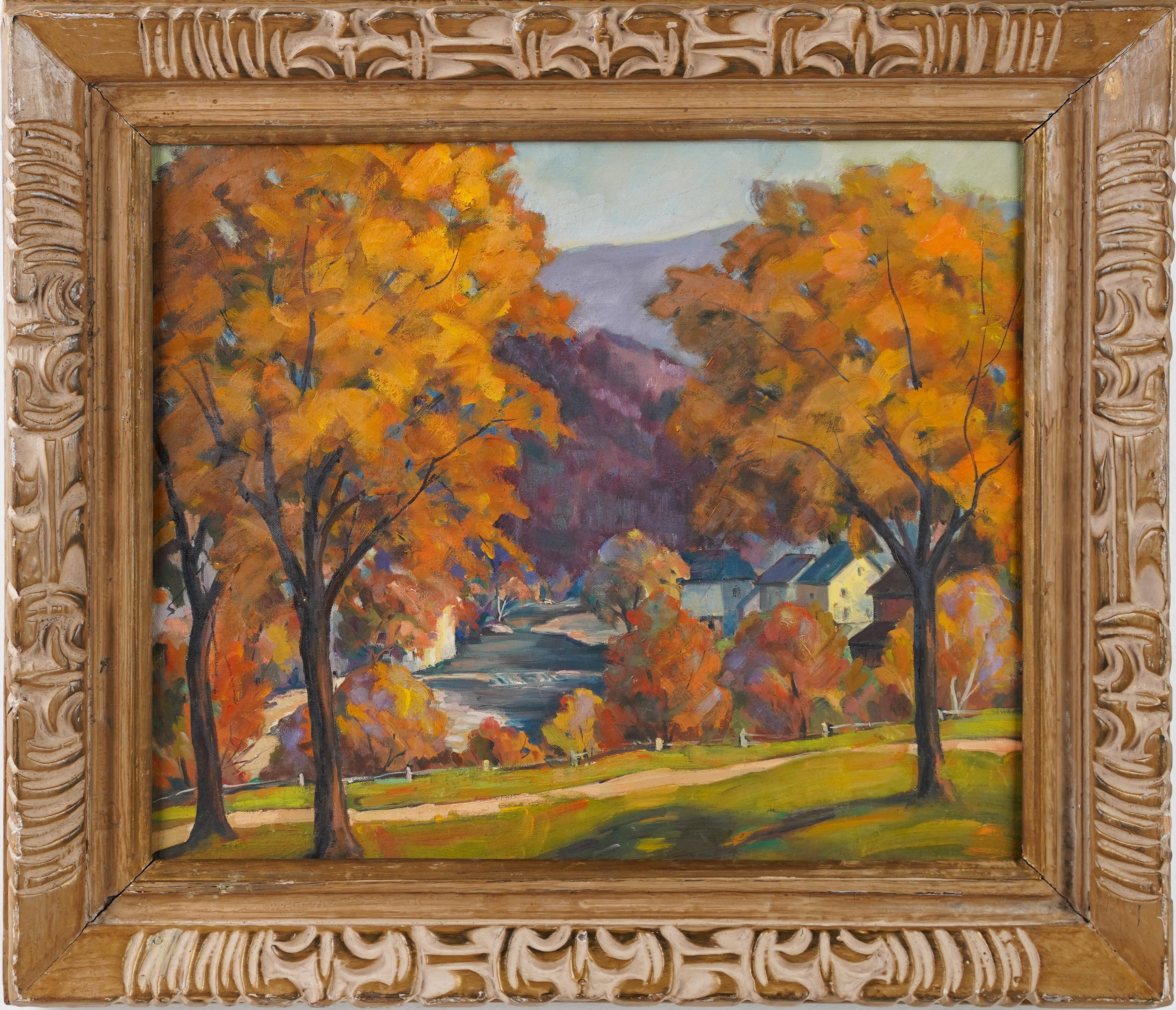 Antique American Fall Impressionist Landscape Original Framed Oil Painting - Brown Landscape Painting by Unknown