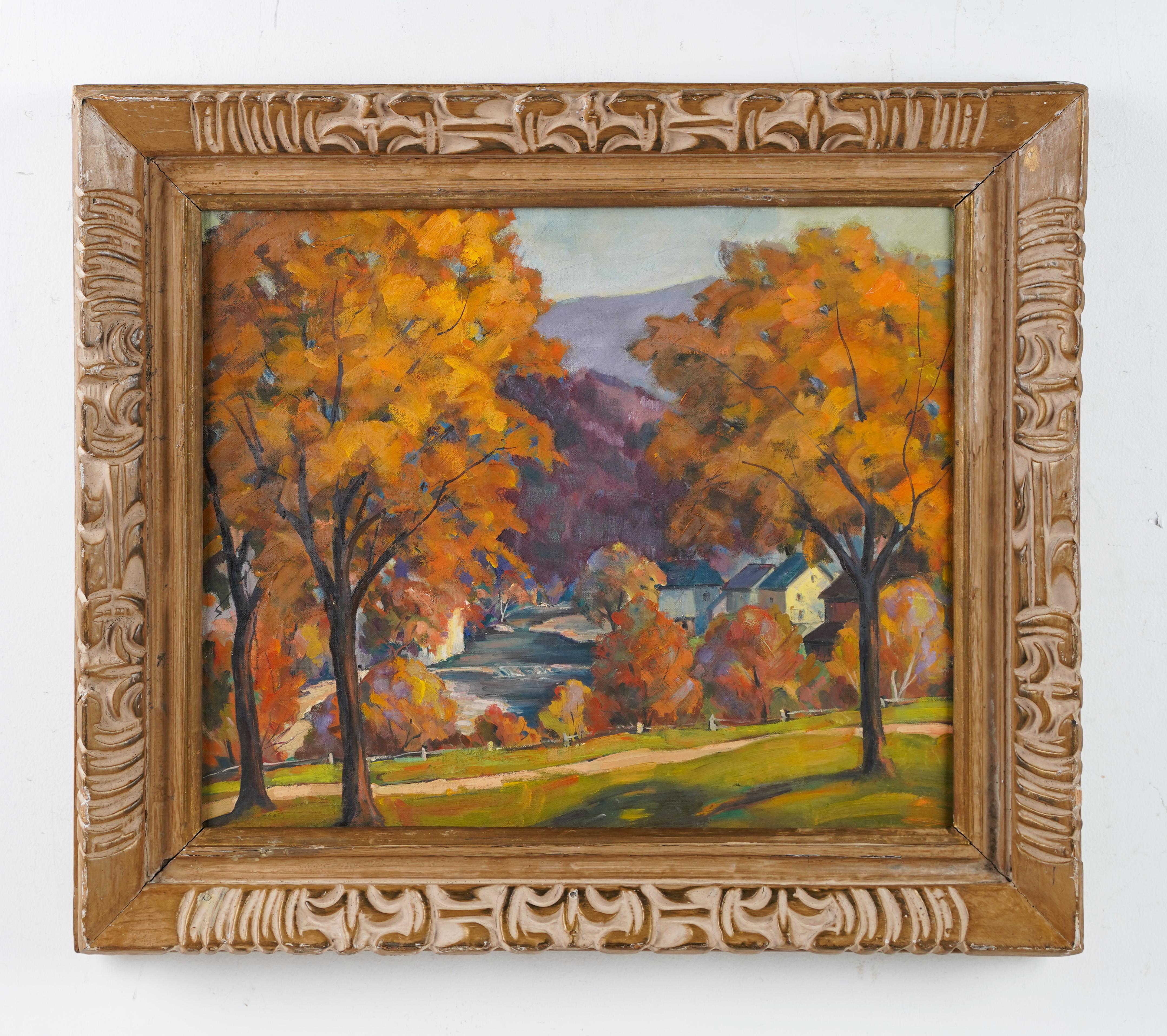 Antique American impressionist New England fall landscape painting. Oil on board, circa 1940.  Housed in a vintage frame.   Image size, 18L x 15H. 

