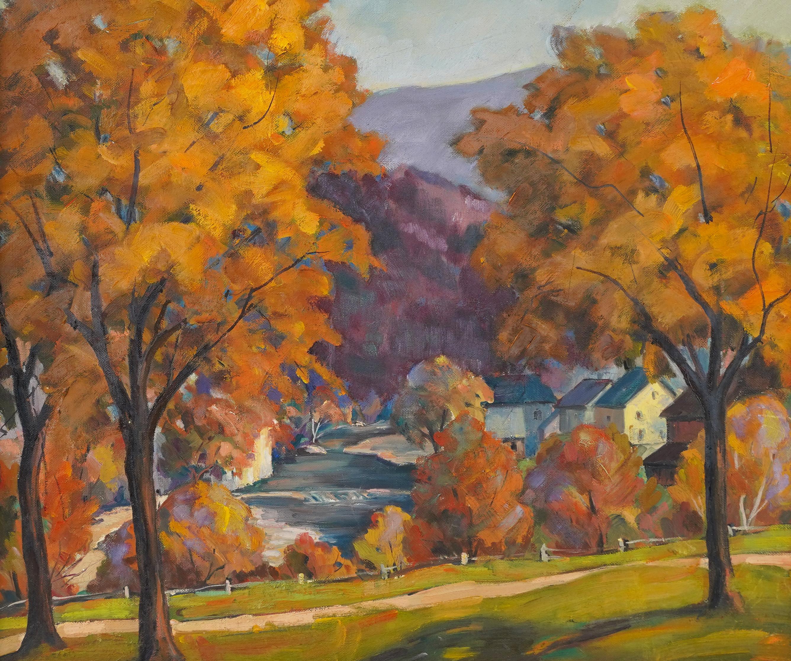 Antique American Fall Impressionist Landscape Original Framed Oil Painting 1