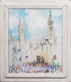 Antique American Flag Impressionist Cityscape Framed Original Oil Painting