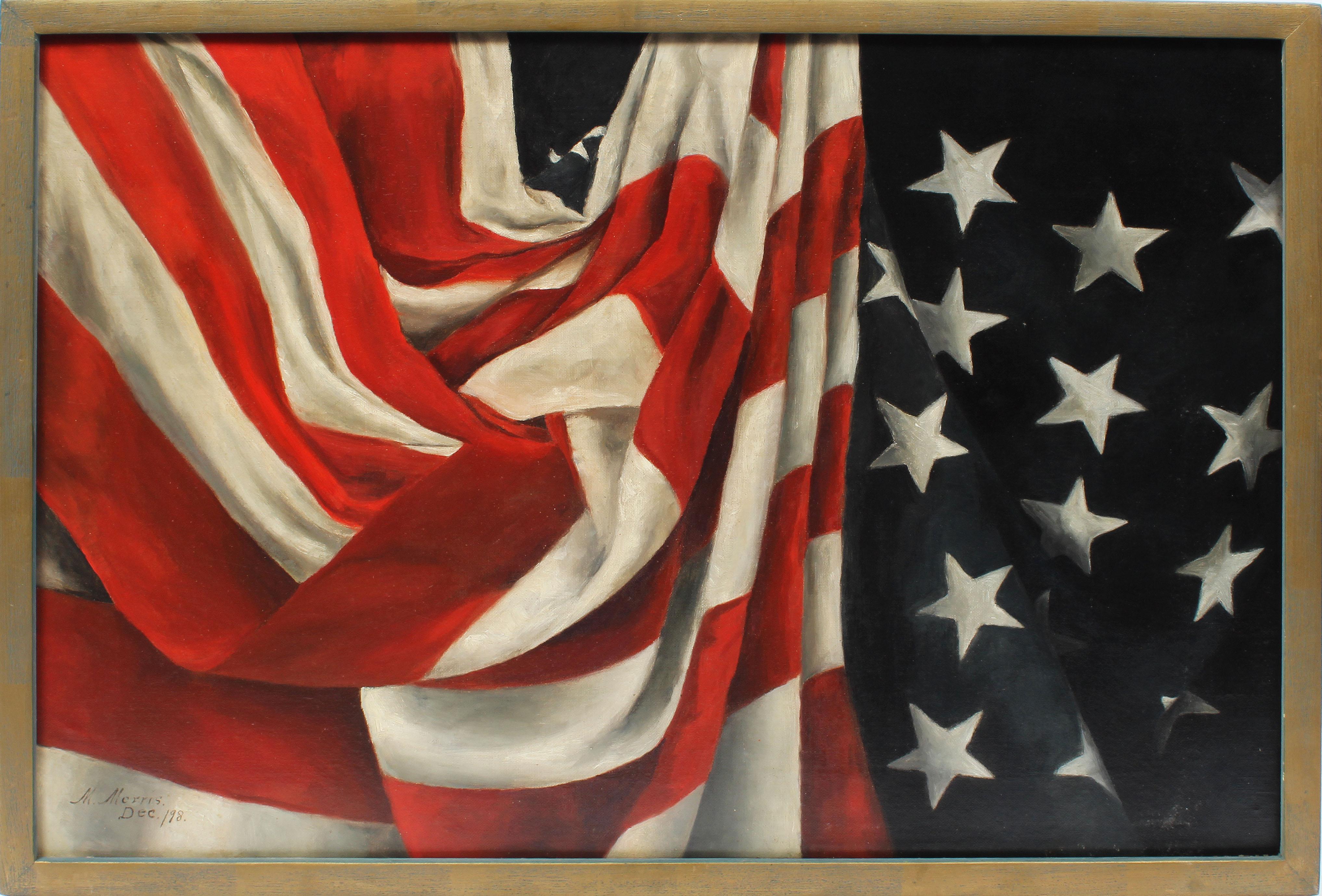 Unknown Still-Life Painting - Antique American Flag Original Oil Painting Trompe L
Oeil Still Life Patriotic