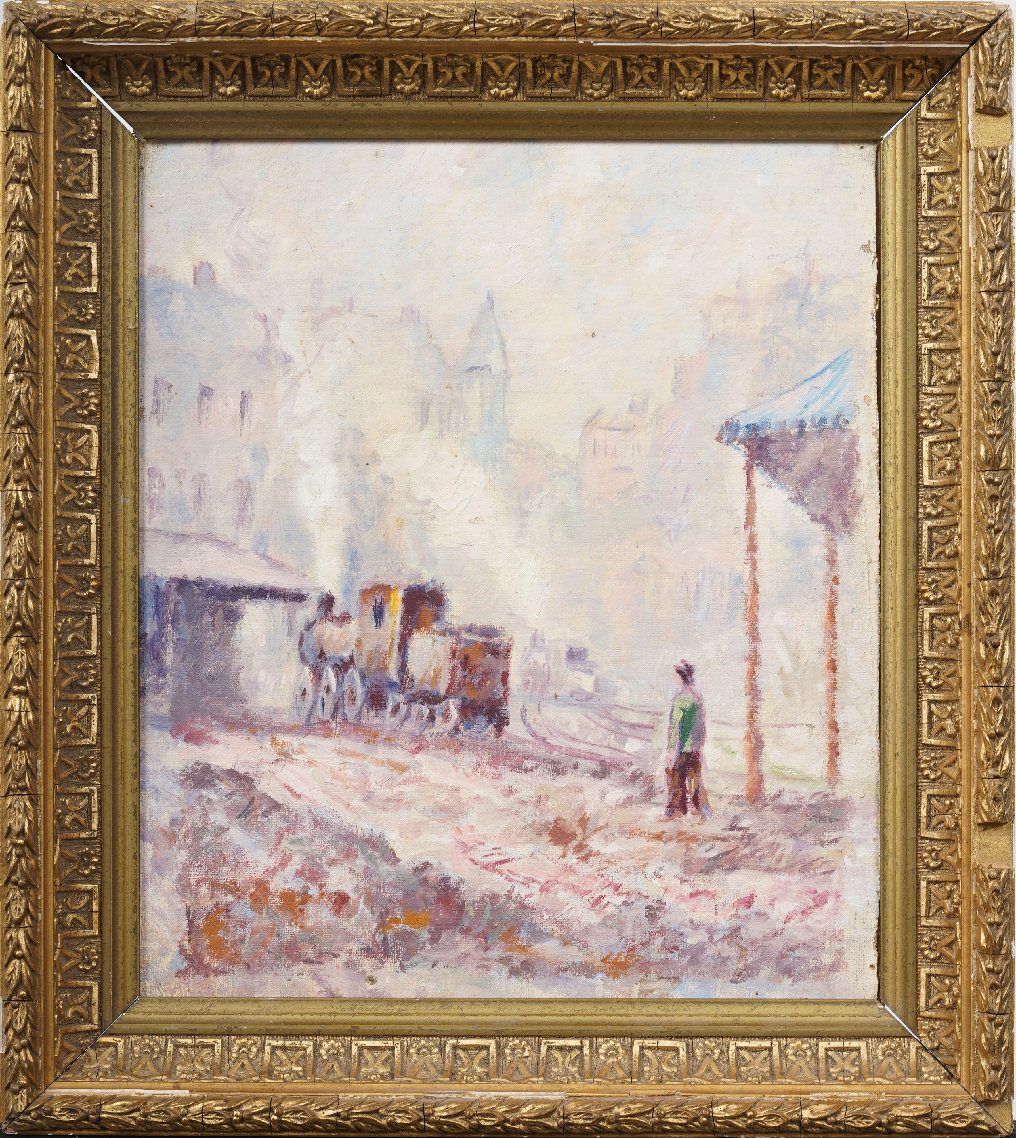 Unknown Landscape Painting – Antique American Foggy Winter Cityscape Framed Winter Impressionist Oil Painting