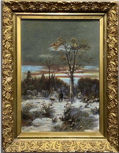 Antique American Folk Art Dog Man Woods Oil Painting Original Frame Gold 19th C.