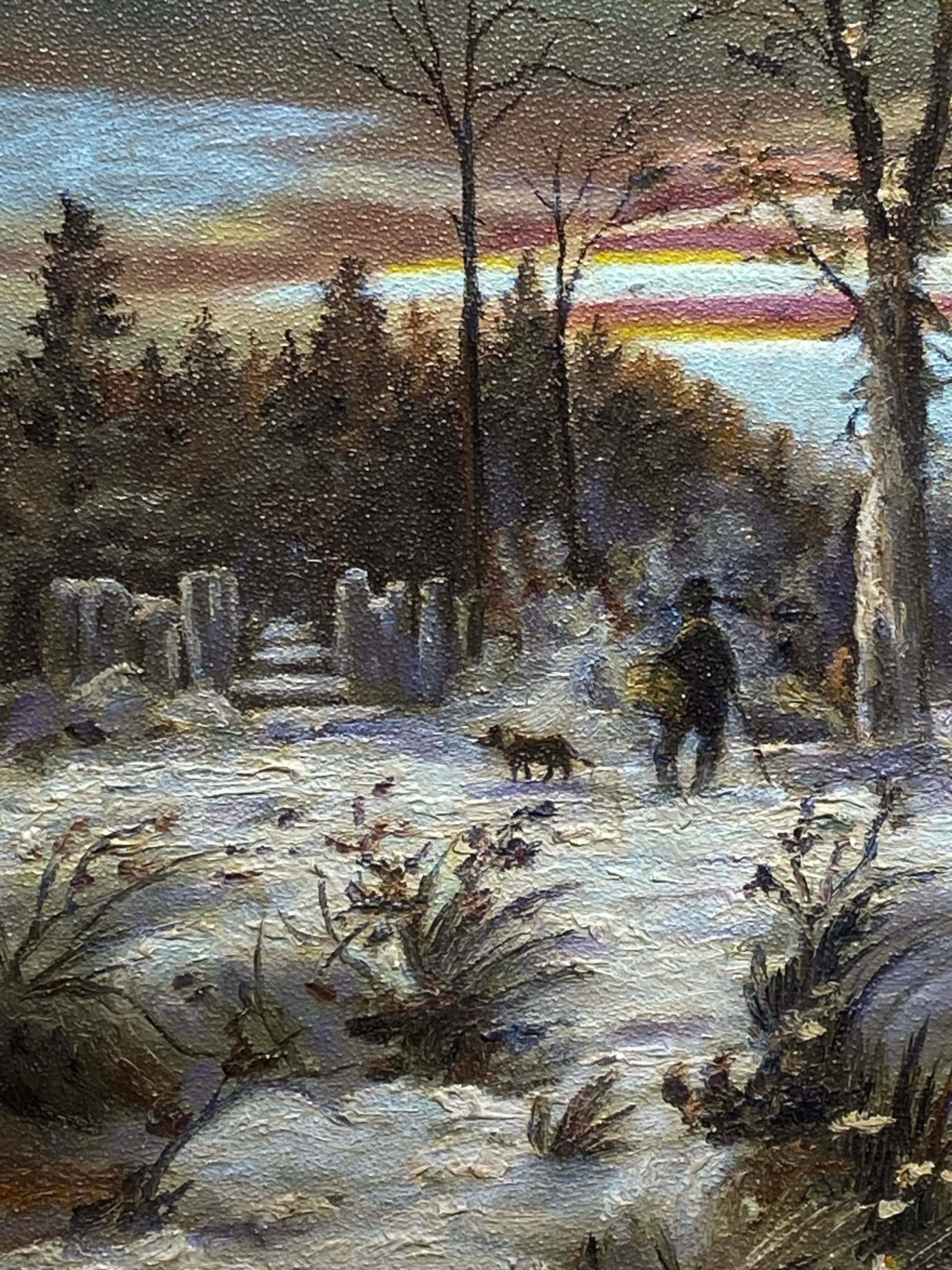 Ein antikes amerikanisches Volkskunstgemälde in seinem originalen Rahmen aus der Zeit.

Mit einem Mann, der mit seinen Hunden im Wald spazieren geht, und einem atemberaubenden Sonnenuntergang im Hintergrund.