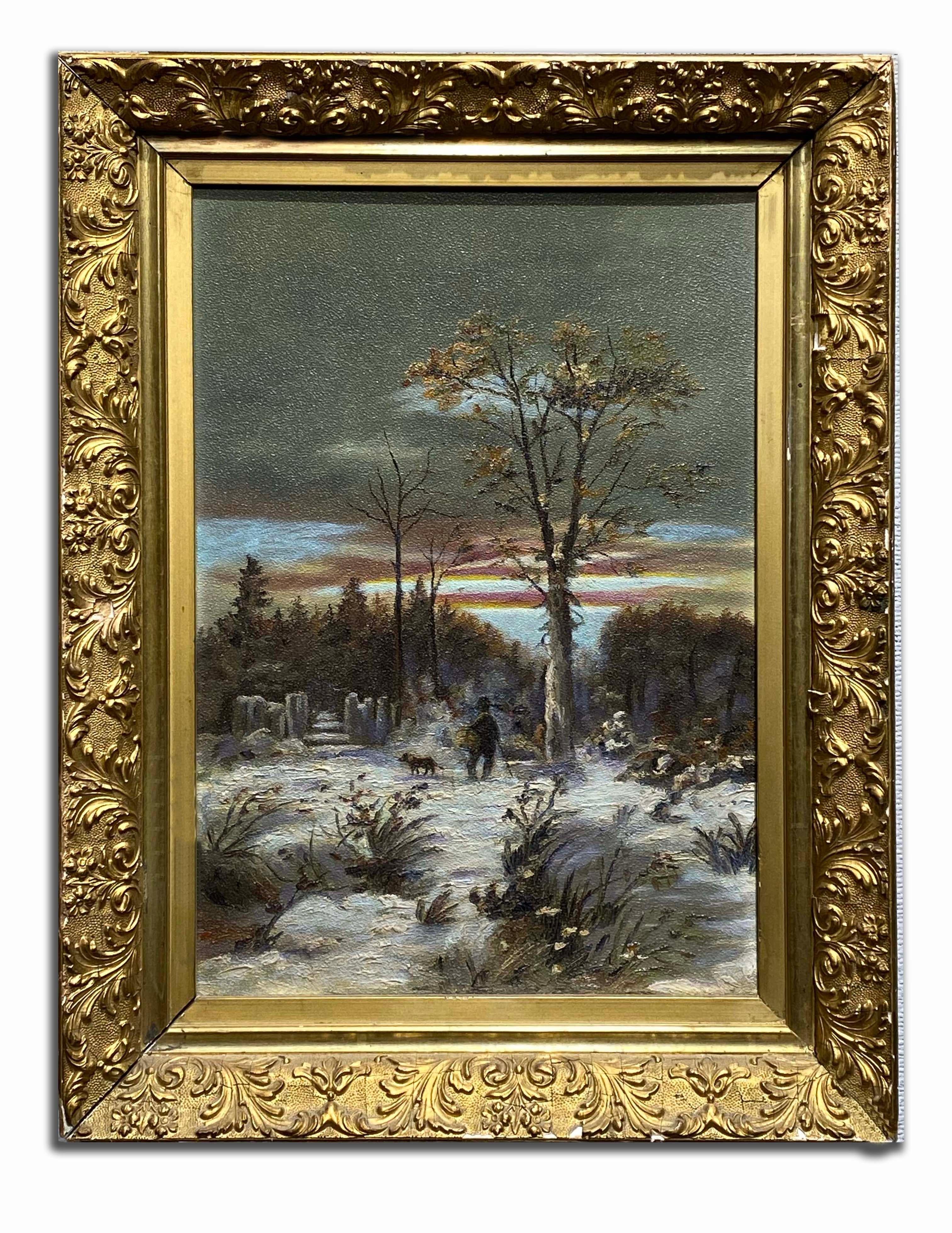 Unknown Landscape Painting – Antikes amerikanisches Volkskunst-Ölgemälde, Hund, Mann, Holz, Originalrahmen, Gold, 19. Jahrhundert