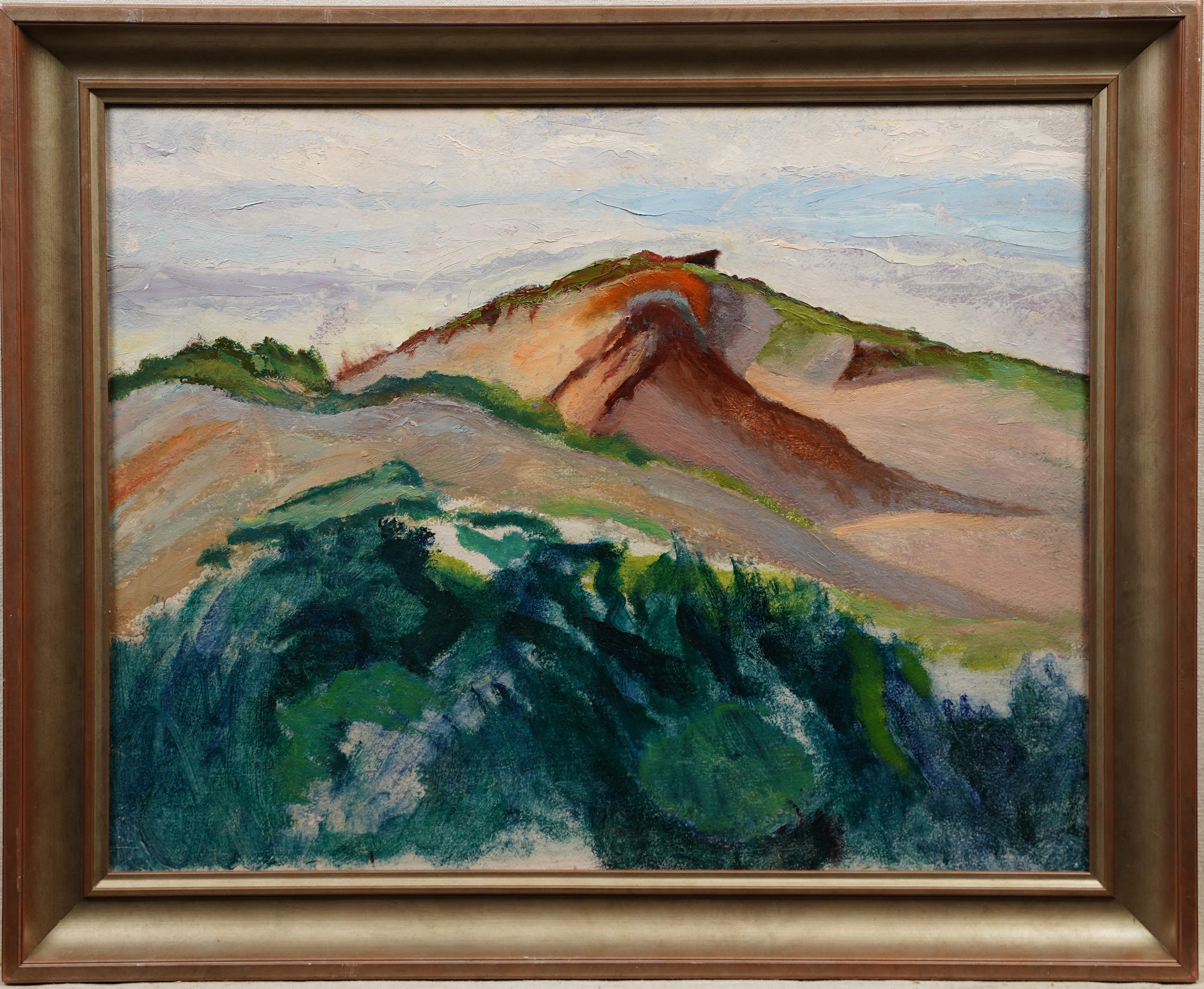 Landscape Painting Unknown - Ancienne peinture à l'huile moderniste de Nouvelle-Angleterre encadrée représentant une scène de plage