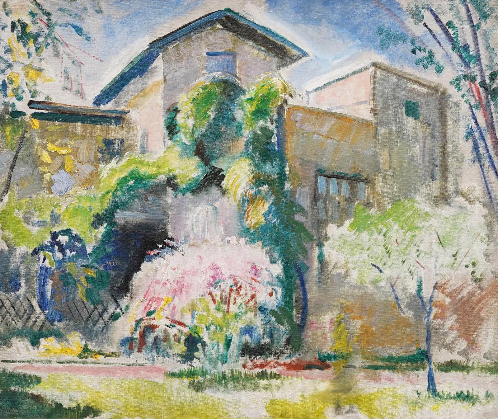 Ancienne peinture à l'huile fauviste américaine encadrée représentant un paysage de fleurs de cerisier - Abstrait Painting par Unknown