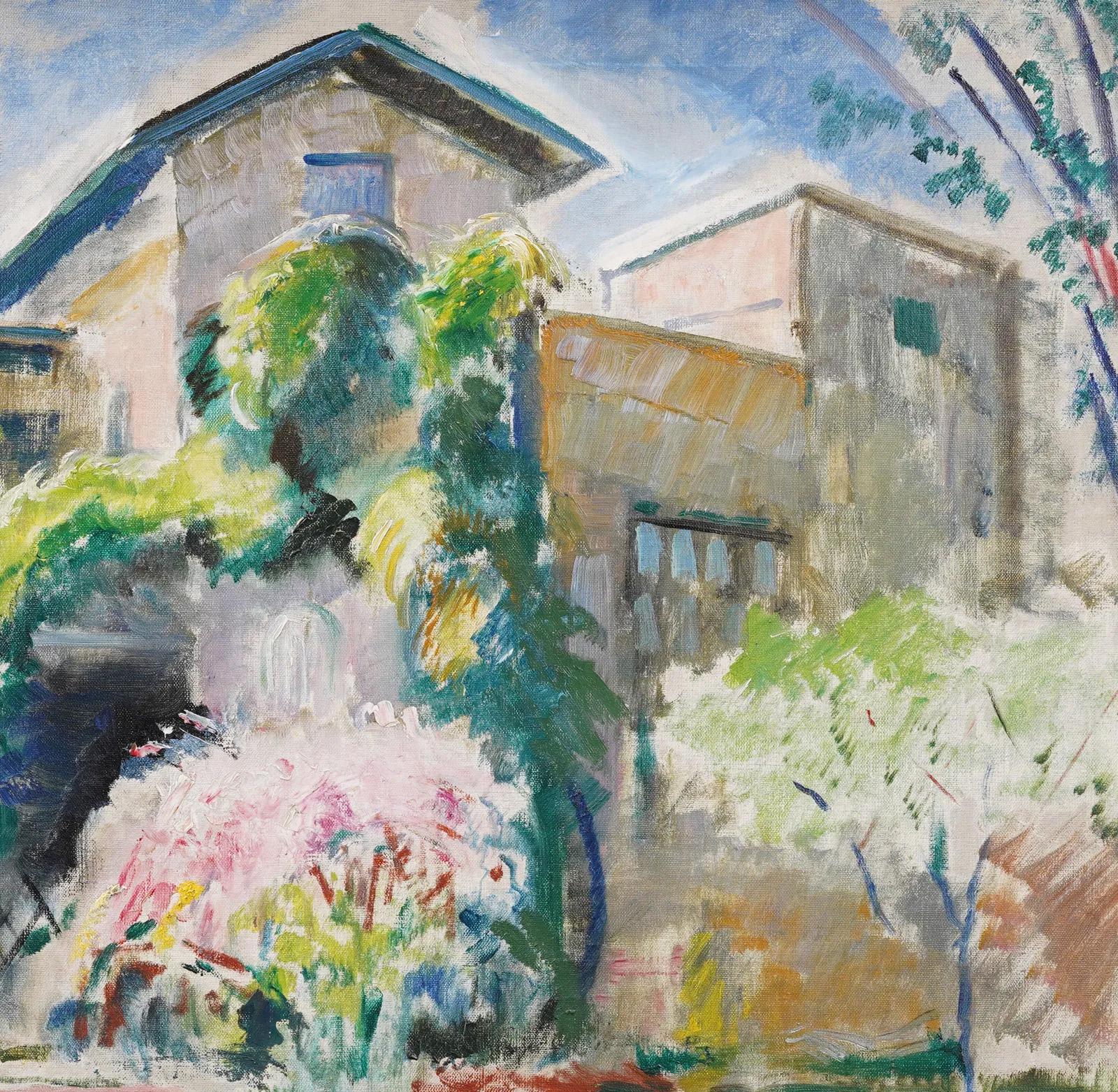 Ancienne peinture à l'huile fauviste américaine encadrée représentant un paysage de fleurs de cerisier - Marron Abstract Painting par Unknown