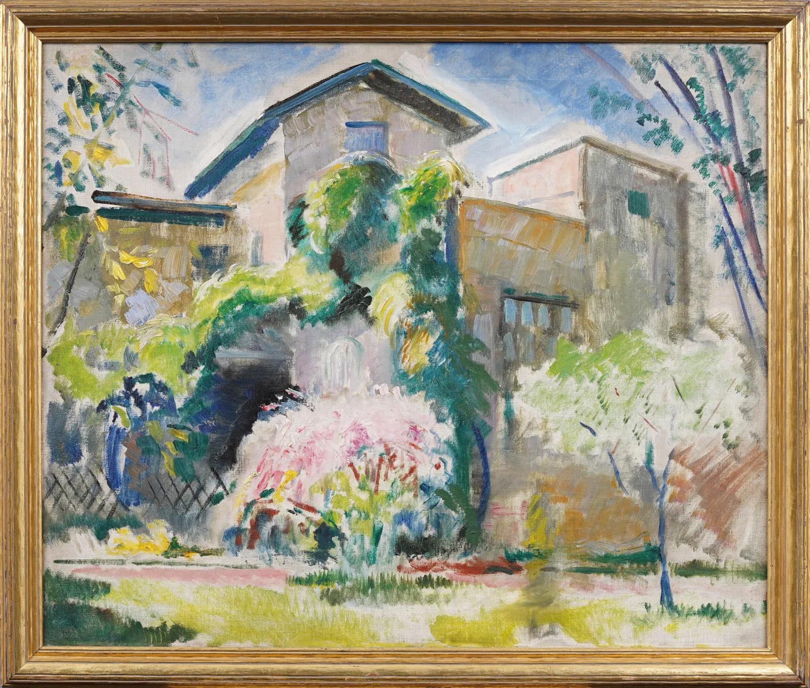 Ancienne peinture à l'huile fauviste américaine encadrée représentant un paysage de fleurs de cerisier