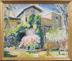 Antique American Framed Fauvist Large Cherry Blossom Landscape Oil Painting