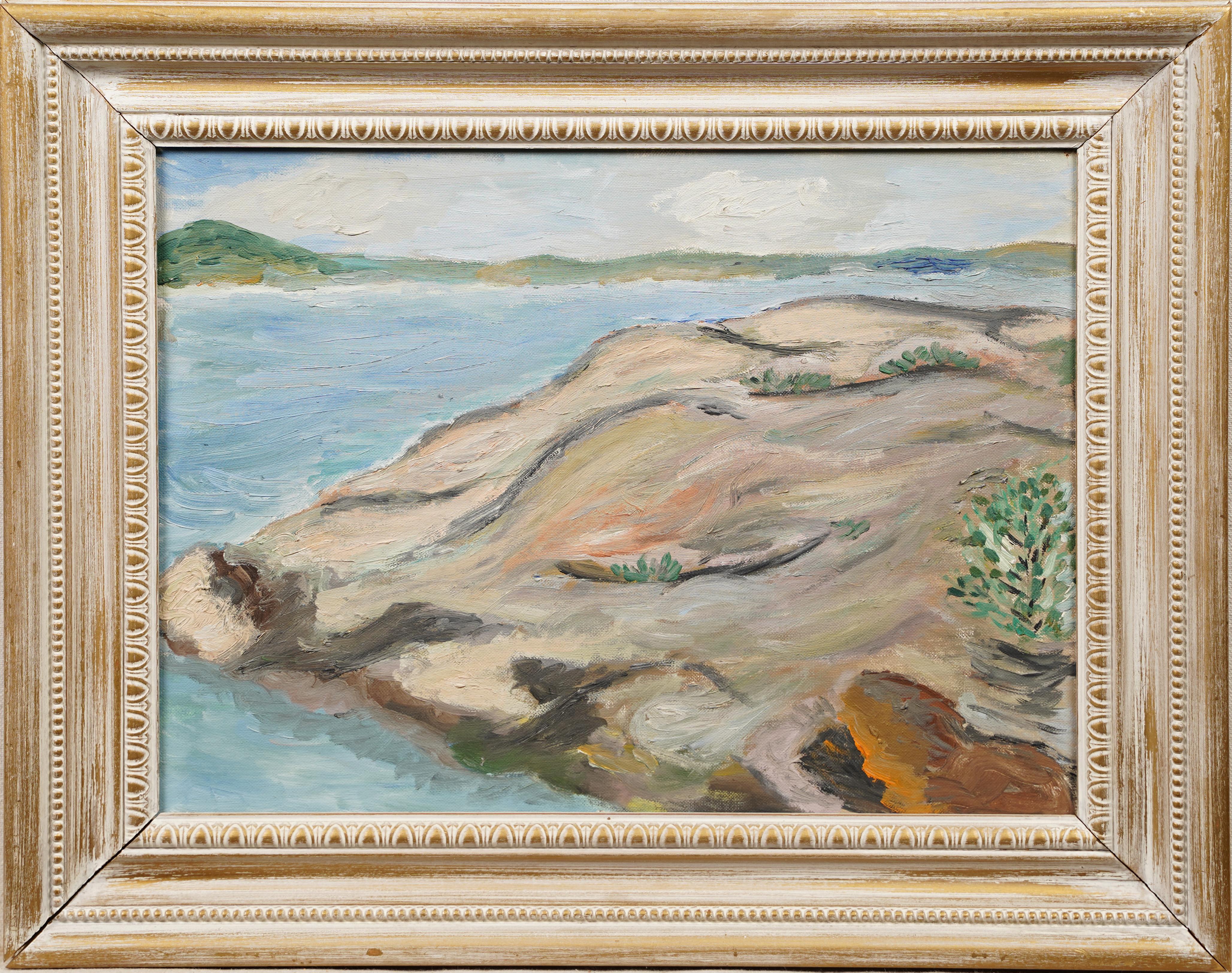 Landscape Painting de Unknown - Antiguo cuadro al óleo original americano enmarcado de una escena de playa impresionista