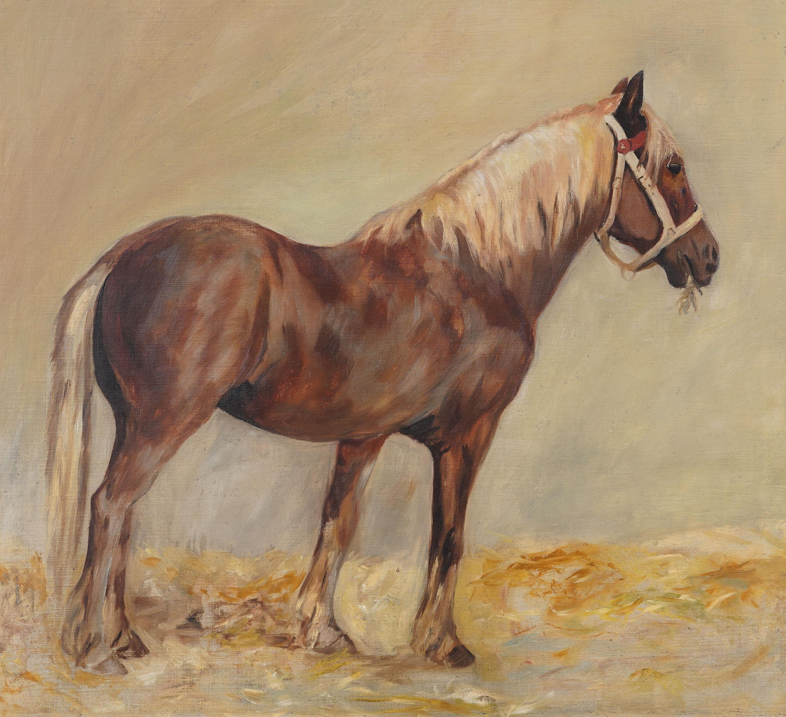 Peinture impressionniste à l'huile, portrait de cheval équestre, ancienne, américaine, encadrée - Marron Landscape Painting par Unknown
