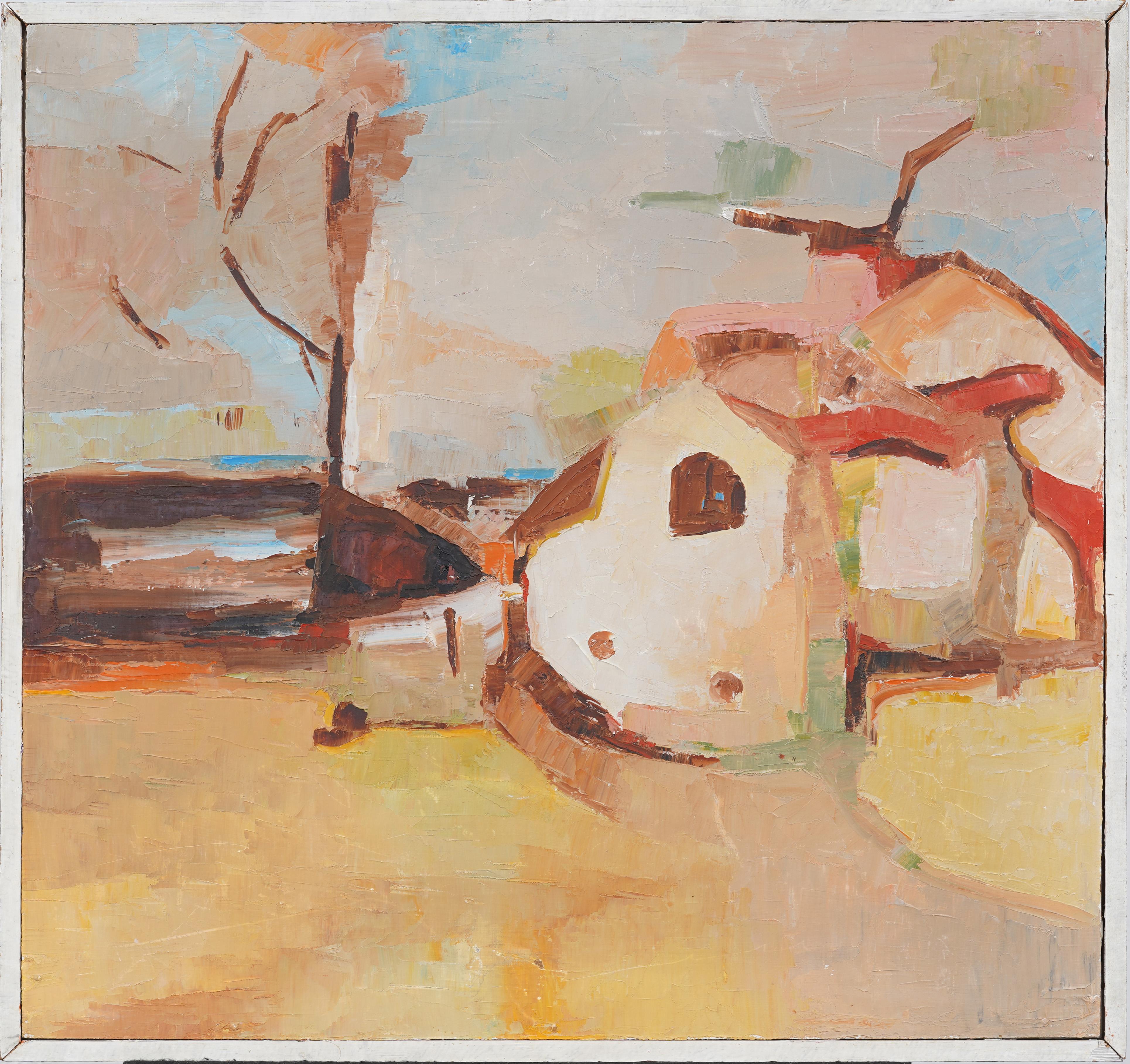 Antique American modernist abstract landscape oil painting. Oil on canas.   Framed.  In excellent original condition. Handsomely framed in a  wood molding.  Excellent condition, ready to hang and enjoy. 