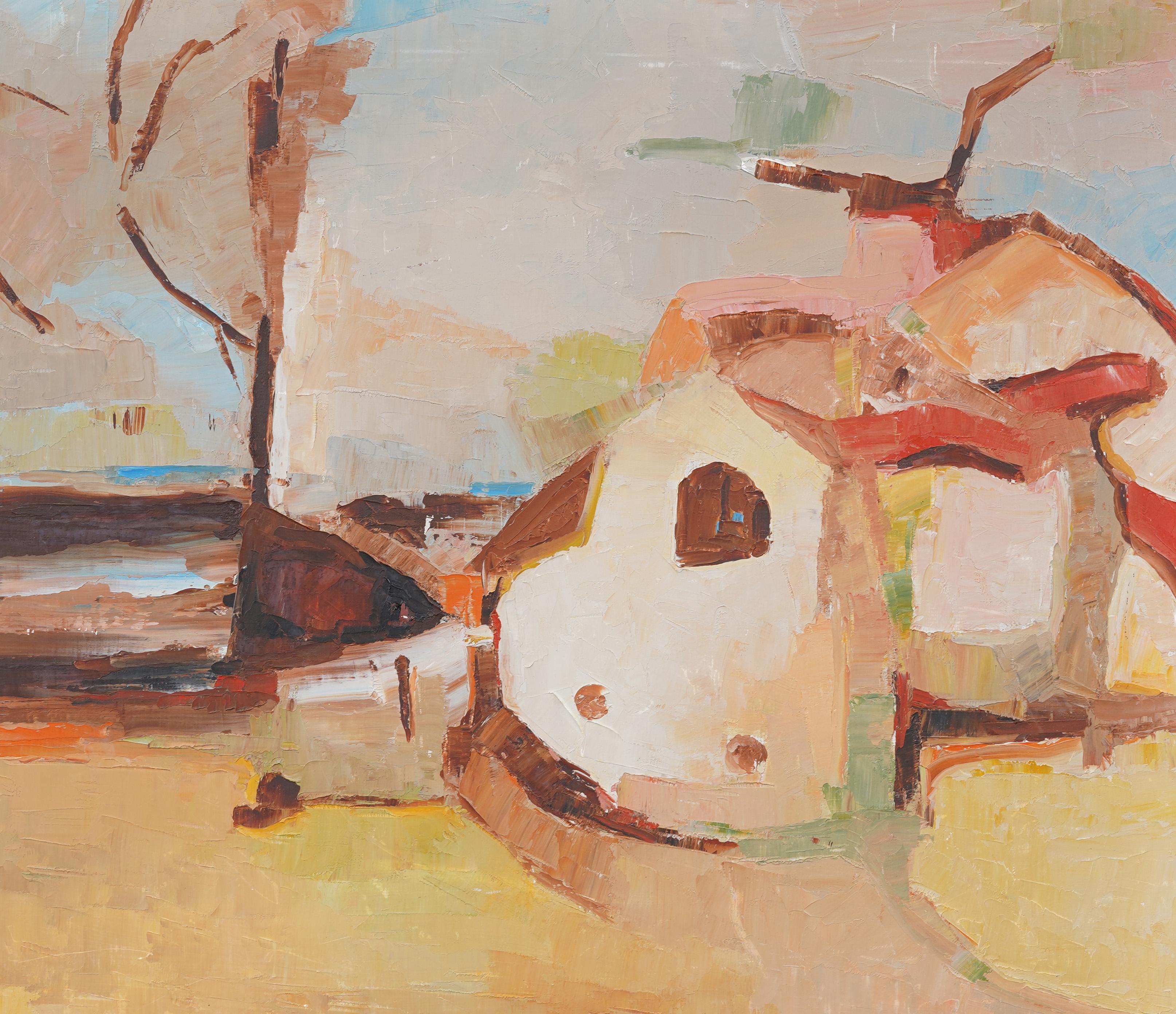 Antique American Framed Modernist Abstract Coastal Landscape Oil Painting For Sale 3