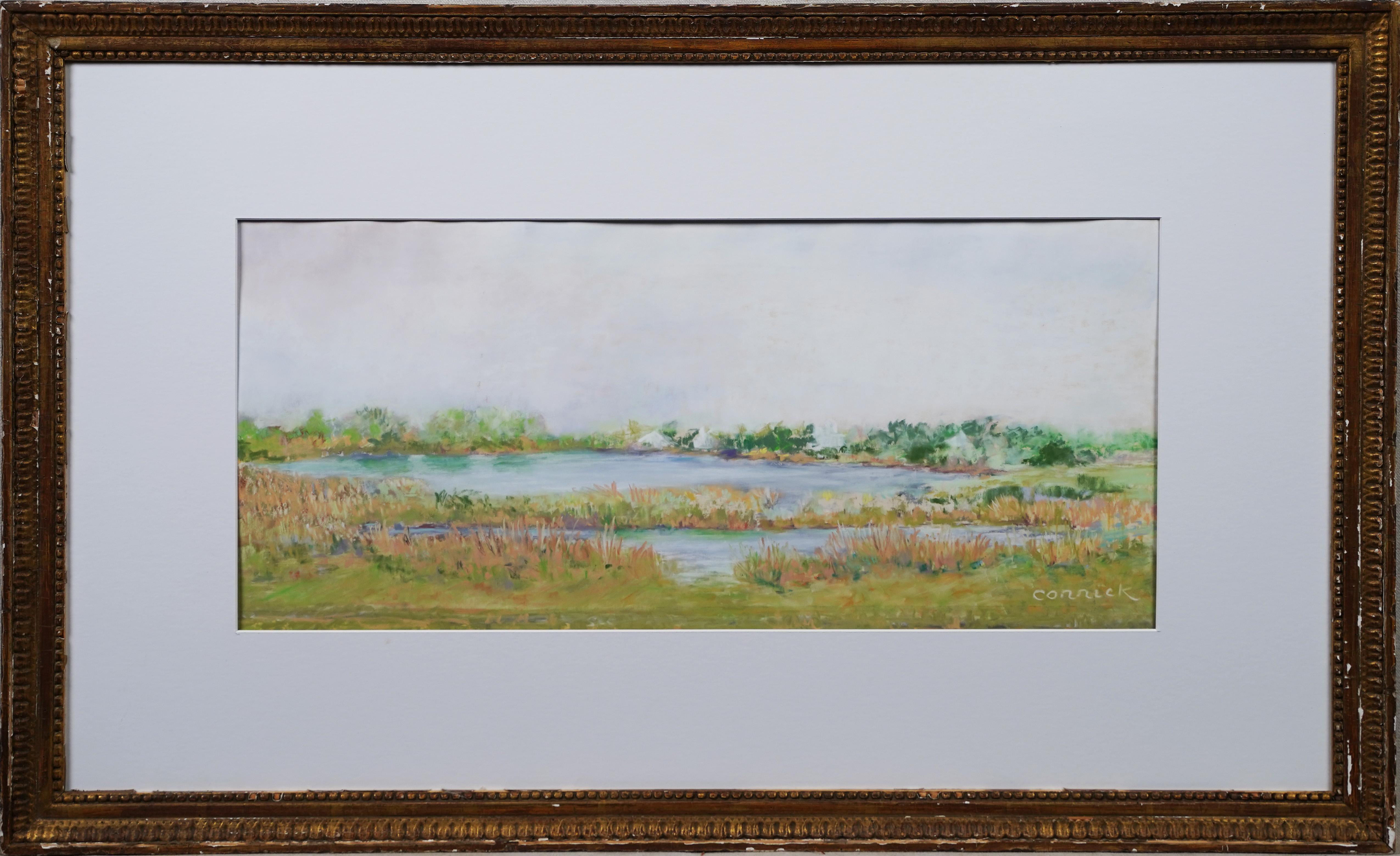 Peinture américaine ancienne encadrée originale de la plage d'East Hampton, signée Pastel - Painting de Unknown
