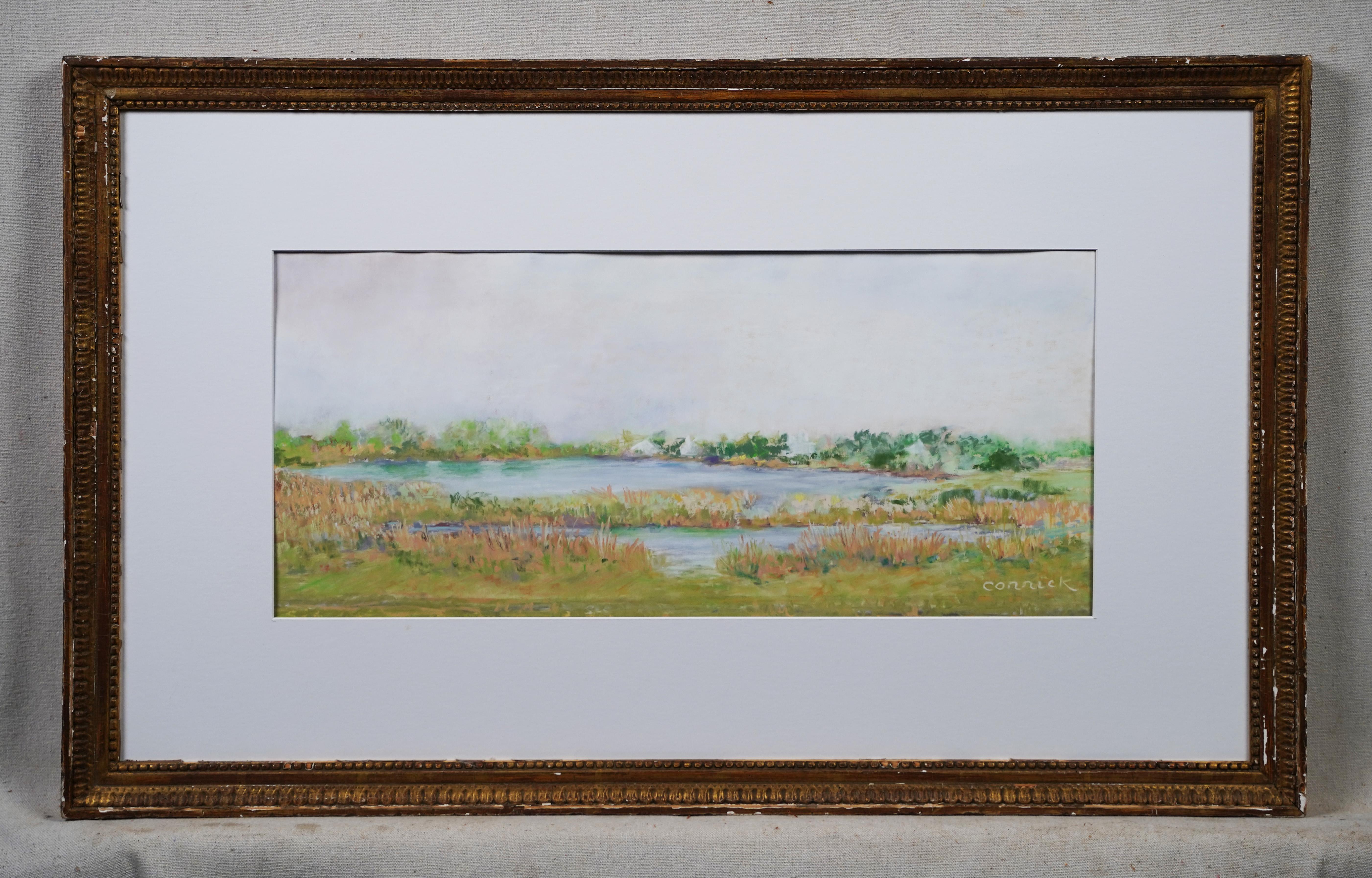 Antico dipinto a pastello americano con cornice originale East Hampton Beach Marsh firmato - Painting Impressionismo di Unknown