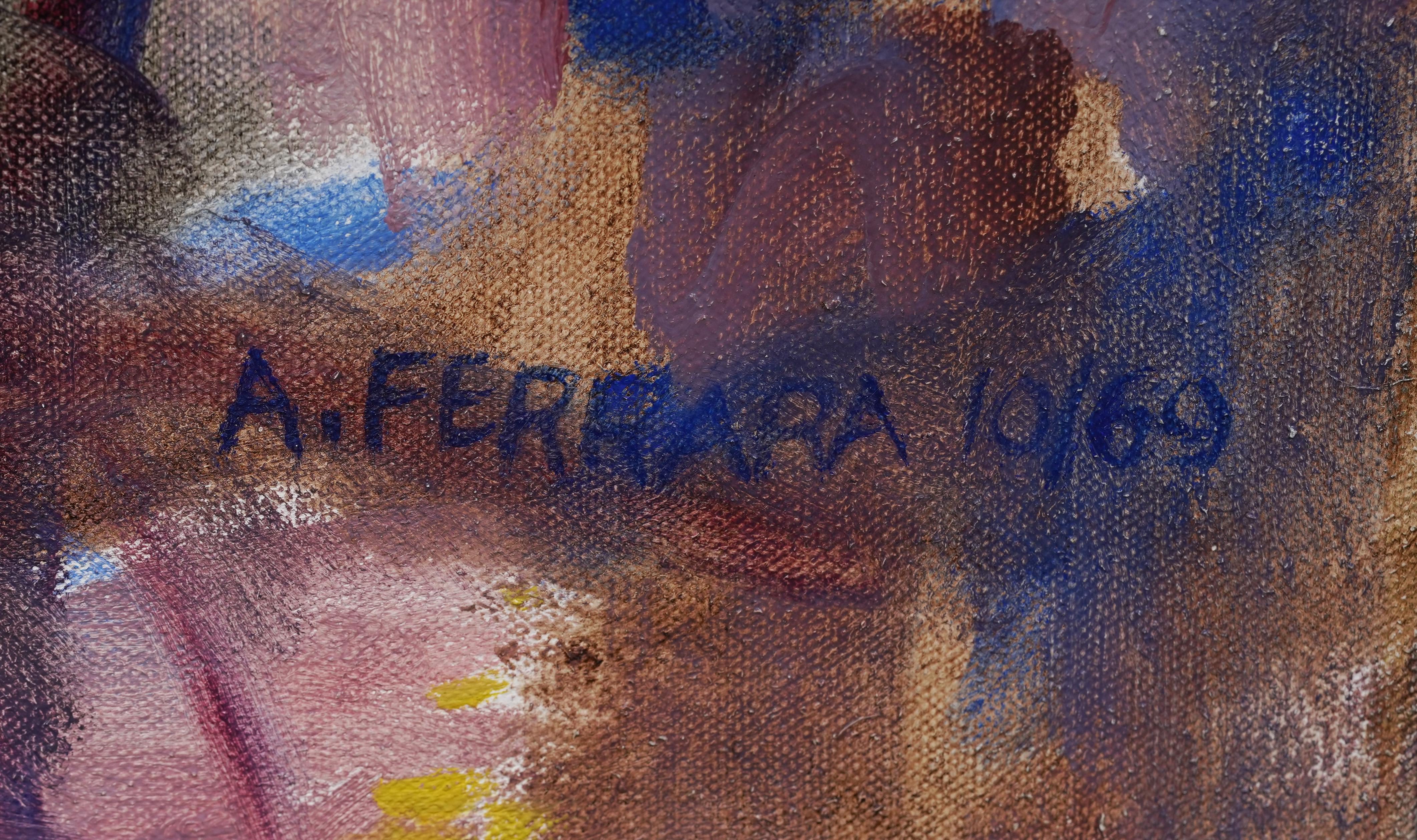 Pittura ad olio antica americana espressionista astratta con cornice originale d'epoca 1