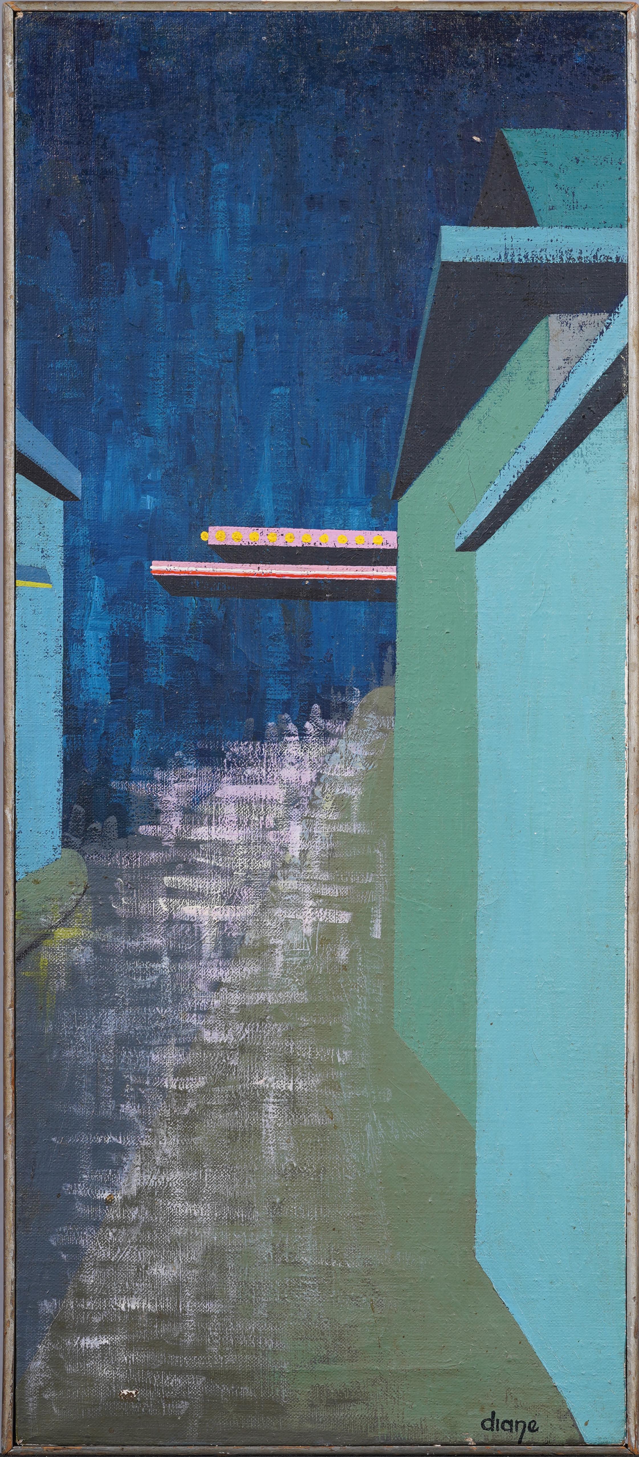 Antique American Framed Surreal Abstract Street Scene Signed Modern Oil Painting - Gray Abstract Painting by Unknown