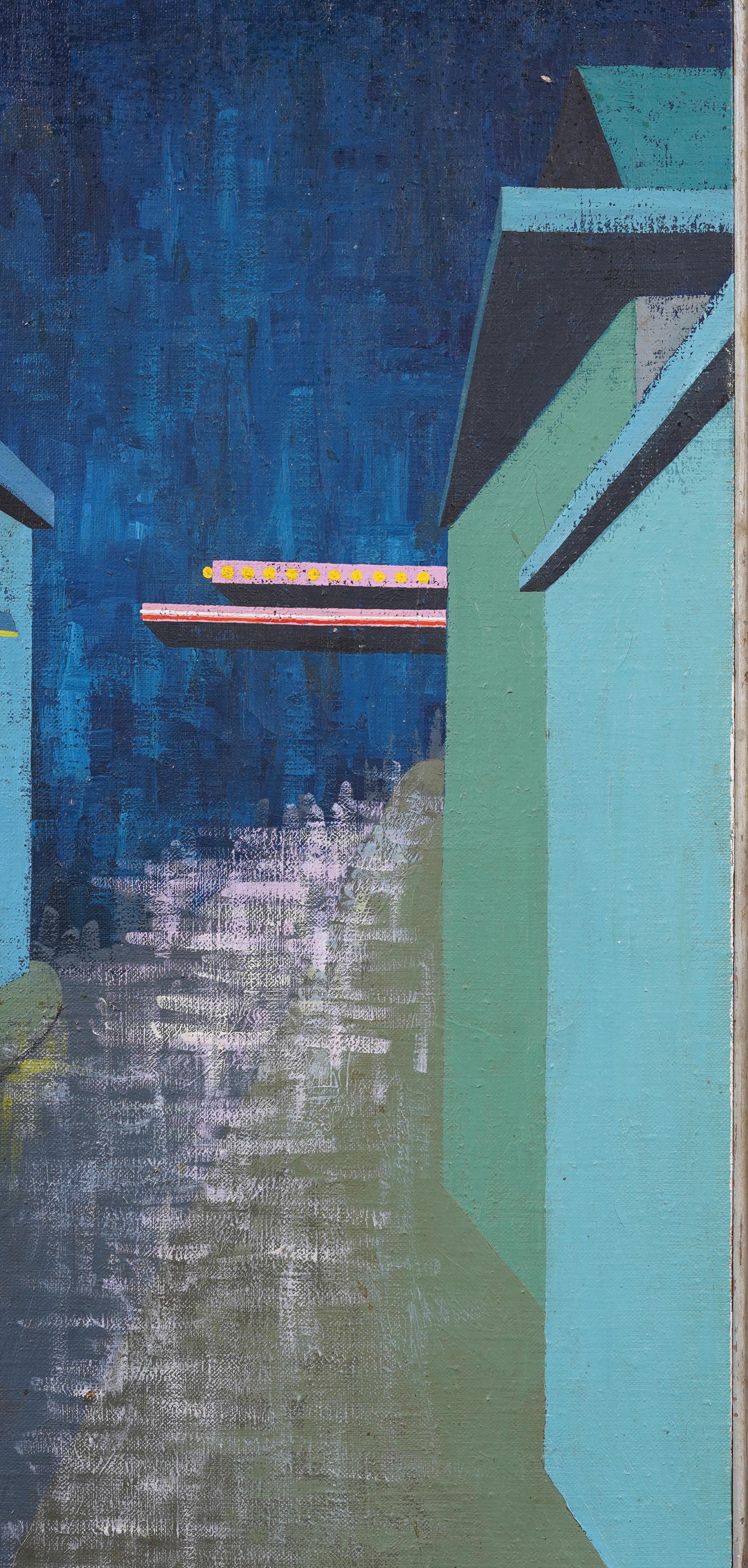 Antique American Framed Surreal Abstract Street Scene Signed Modern Oil Painting 1