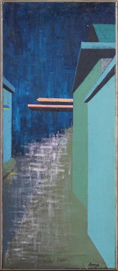 Antique American Framed Surreal Abstract Street Scene Signed Modern Oil Painting