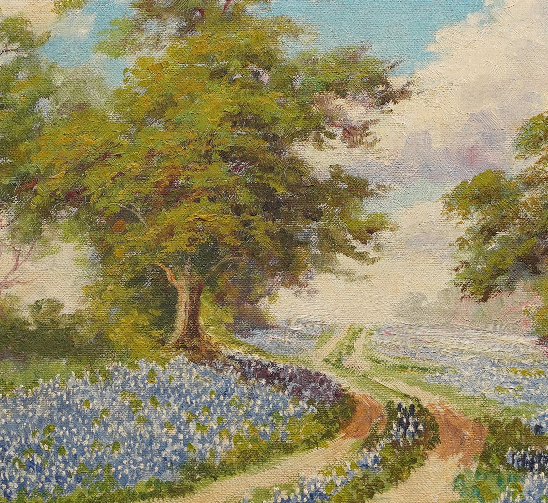 Antique American Framed Texas Bluebonnet Landscape Framed Signed Early Painting For Sale 2