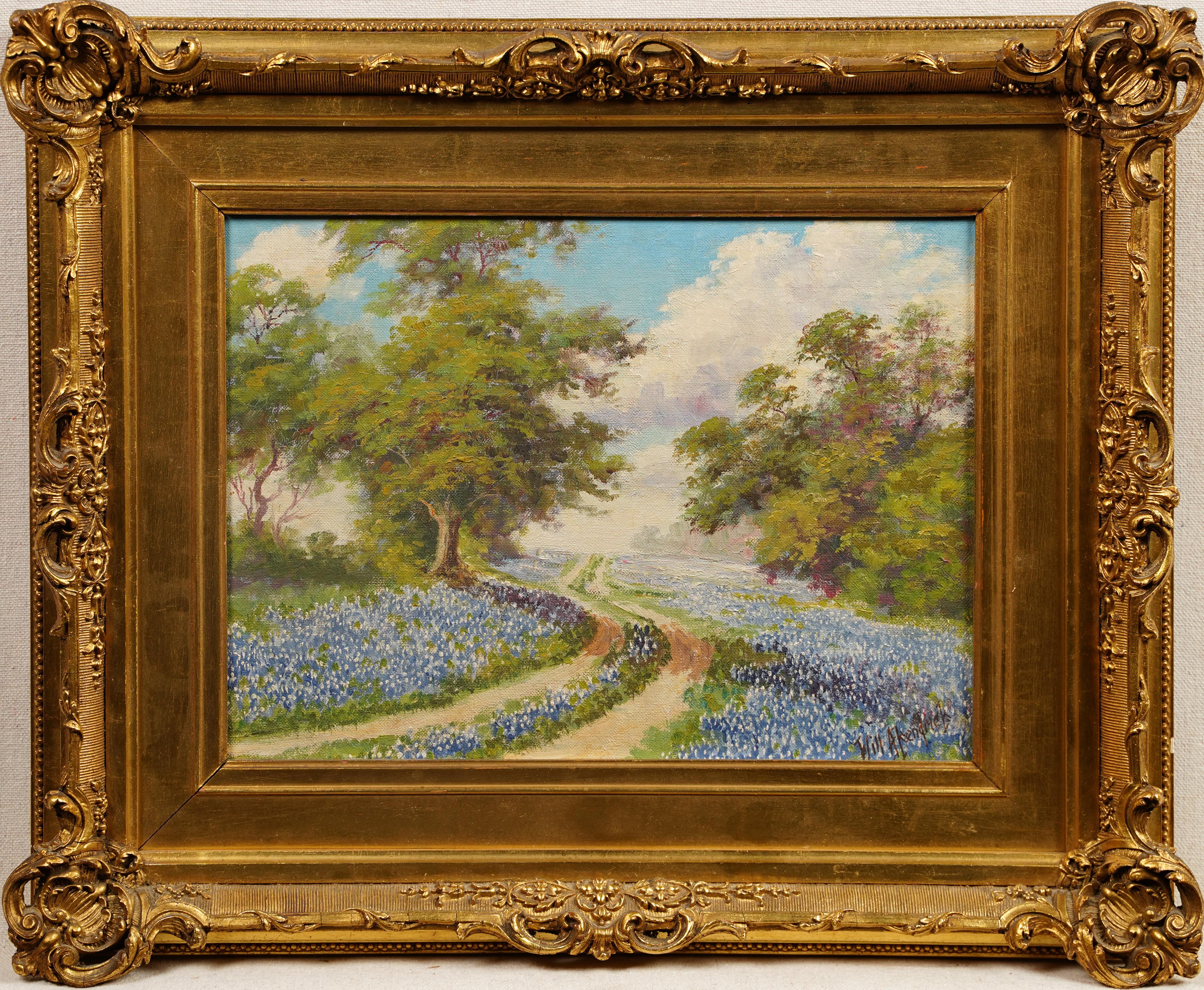 Unknown Landscape Painting - Antique American Framed Texas Bluebonnet Landscape Framed Signed Early Painting