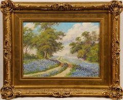 Antiguo paisaje americano enmarcado Texas Bluebonnet Pintura antigua enmarcada y firmada