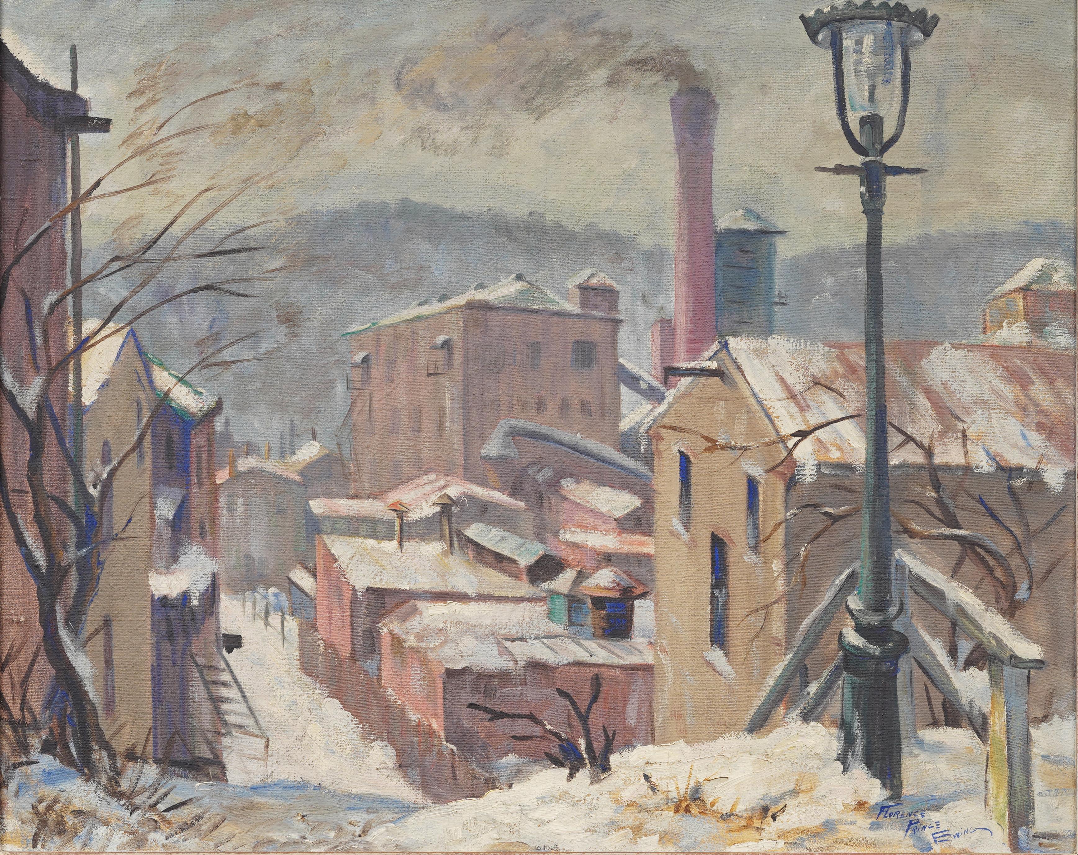 Antique American Framed Winter Impressionist Snow Street Scene Oil Painting - Brown Landscape Painting by Unknown