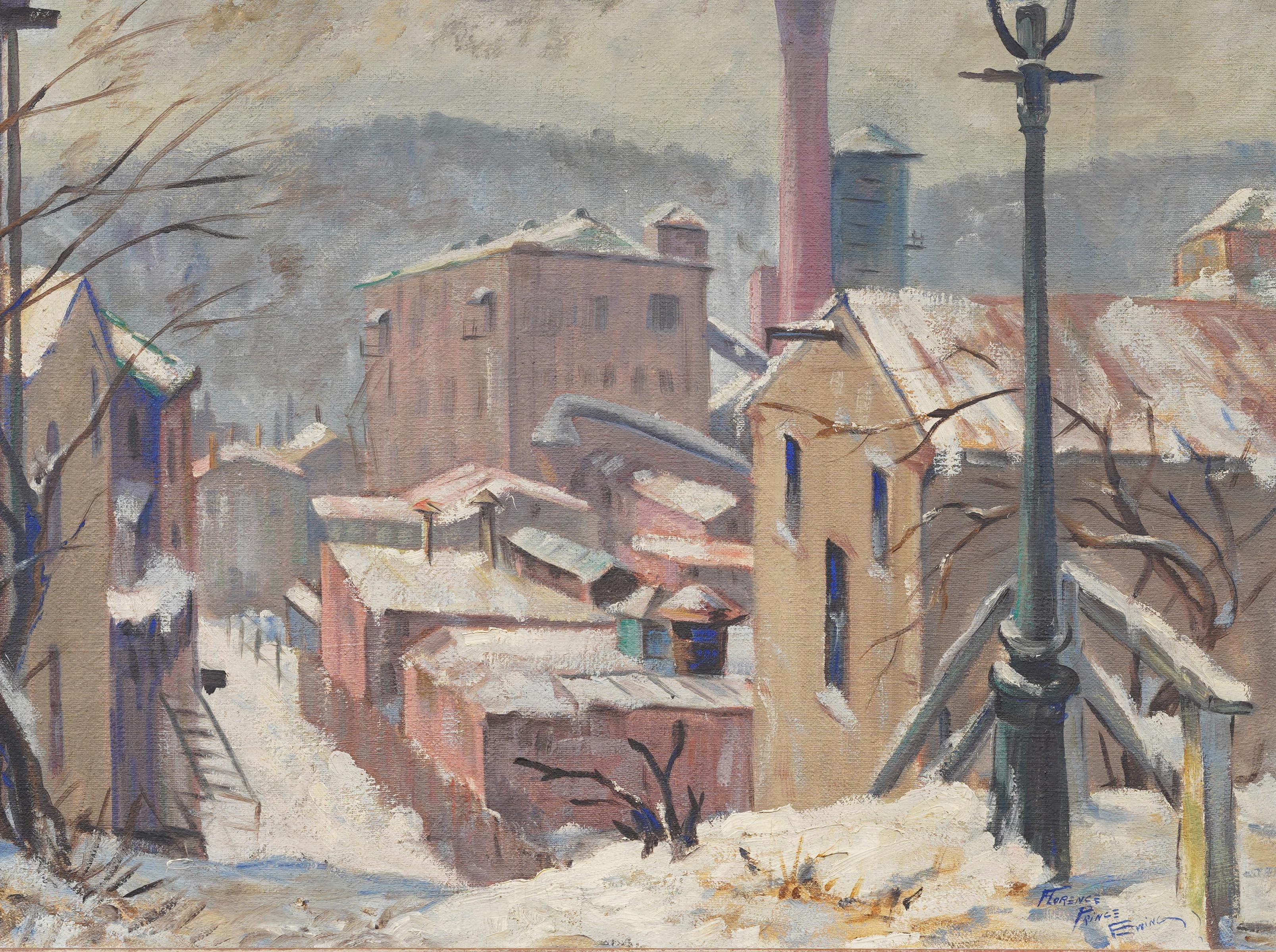 Antique American Framed Winter Impressionist Snow Street Scene Oil Painting For Sale 1