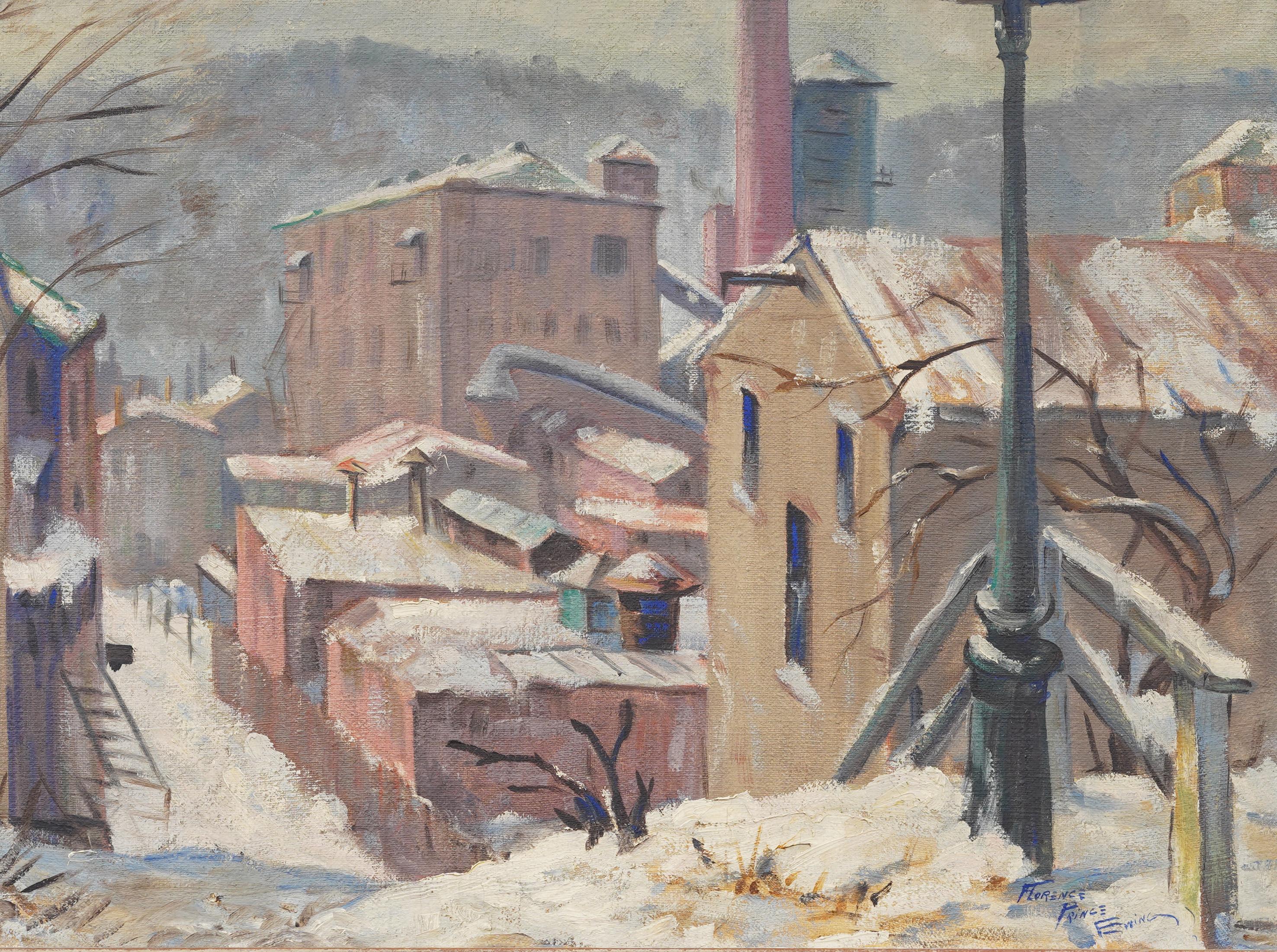 Antique American Framed Winter Impressionist Snow Street Scene Oil Painting For Sale 2