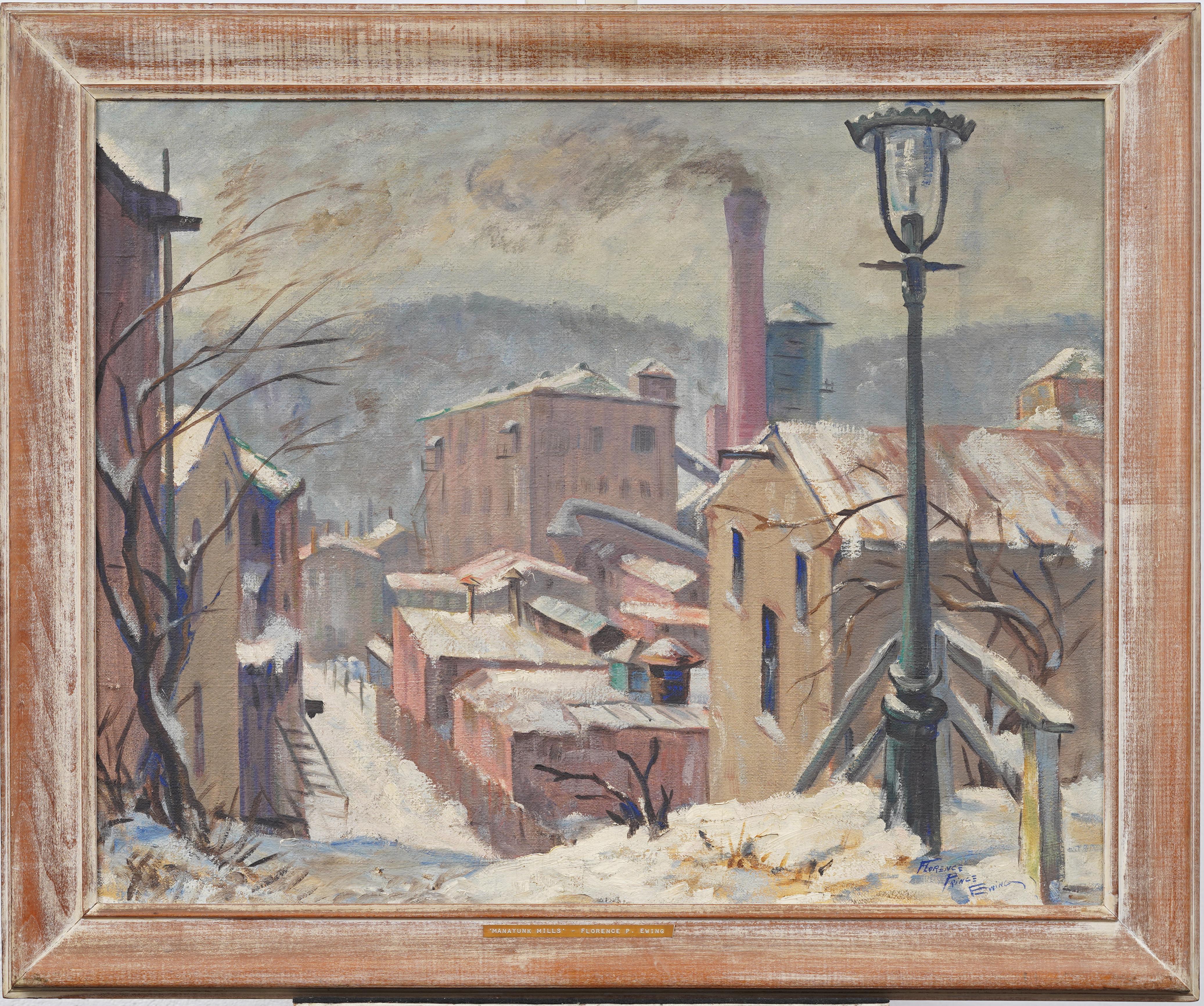 Unknown Landscape Painting - Antique American Framed Winter Impressionist Snow Street Scene Oil Painting