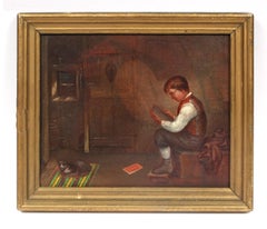 Antique American Genre Scene "Homework" Oil Painting Framed Boy 19th Century
