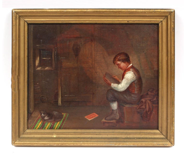 Unknown Interior Painting - Antique American Genre Scene "Homework" Oil Painting Framed Boy 19th Century