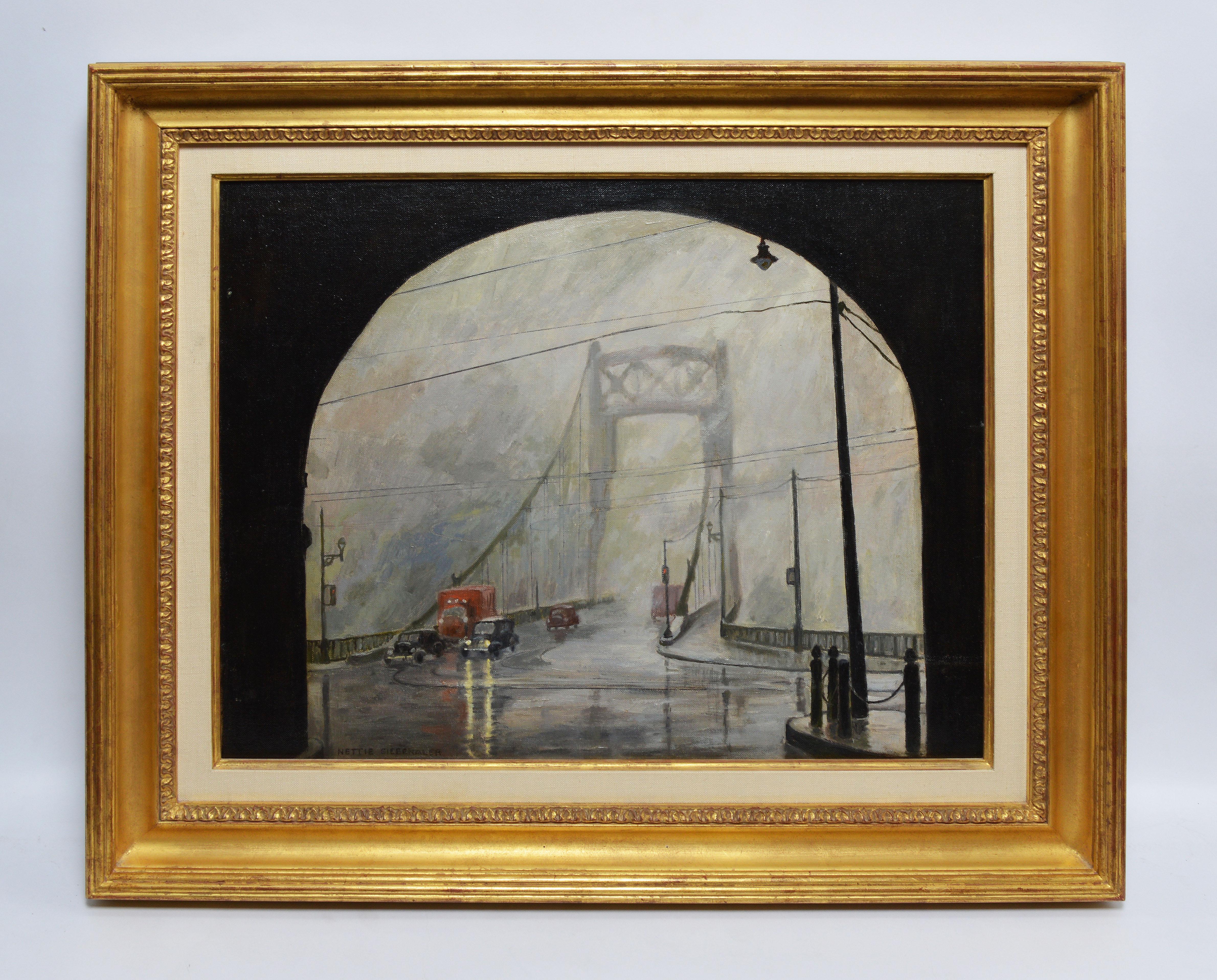 Antique American George Washington Bridge Foggy New York Cityscape WPA Painting - Brown Landscape Painting by Unknown